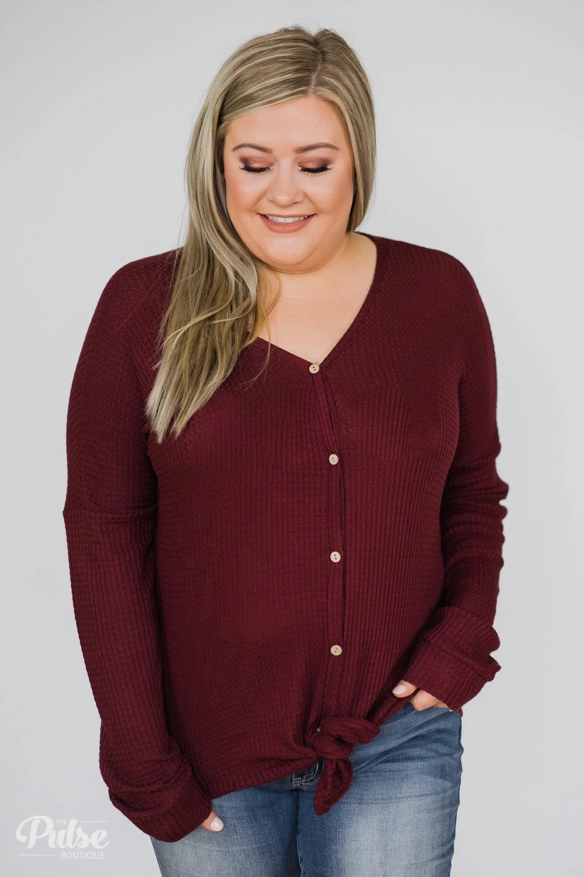 Thermal Button Knot Top- Burgundy - Image 9