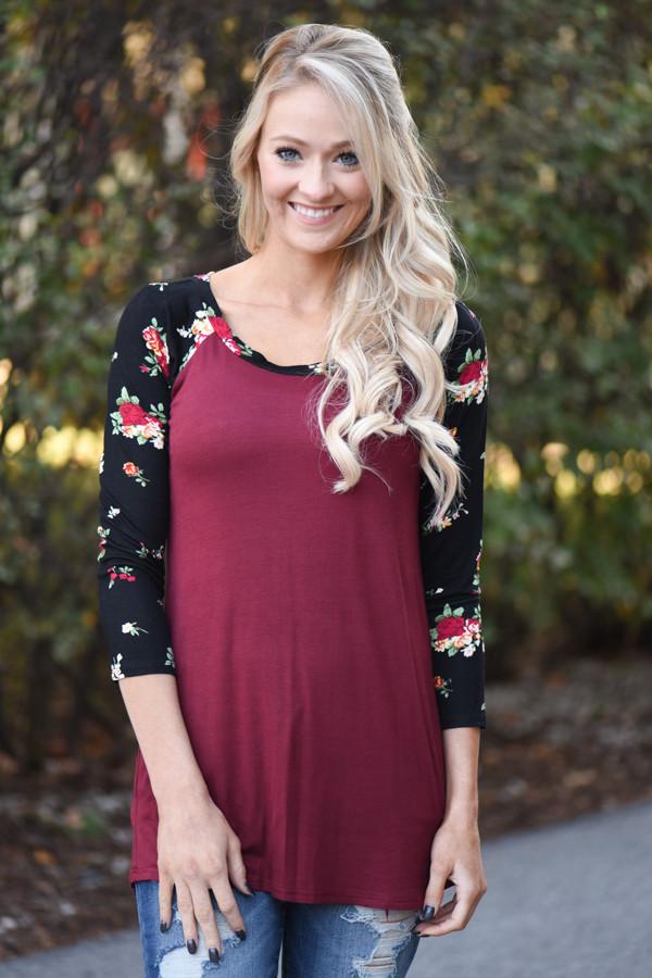 Burgundy Floral 3/4 Sleeve Top - Image 3