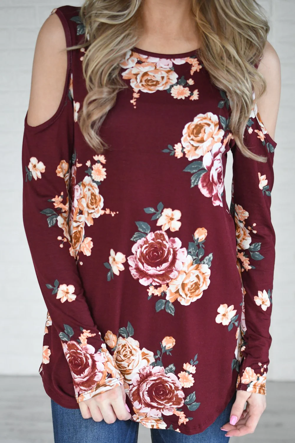 Burgundy Floral Cold Shoulder Top - Image 4