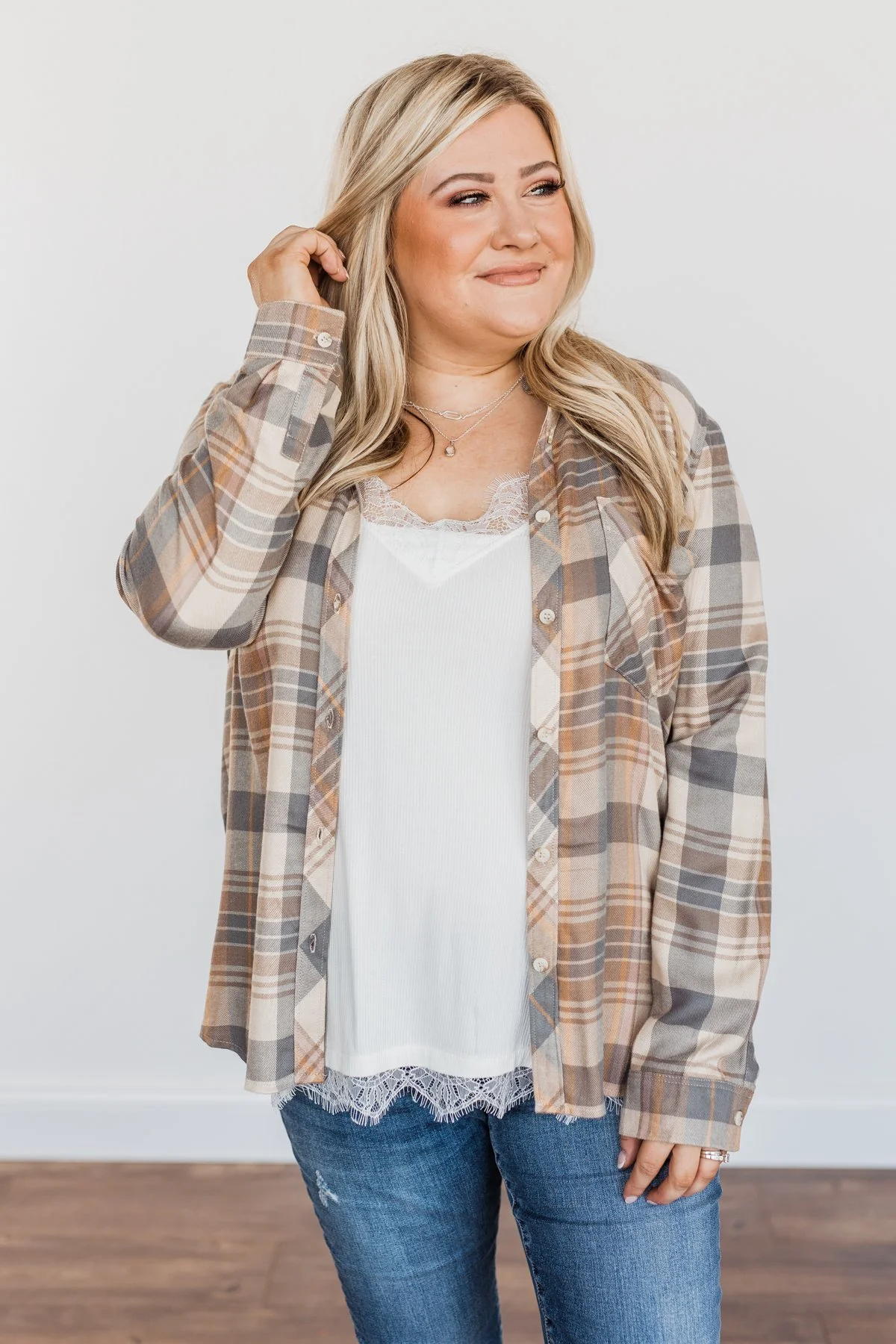 Bushels Of Fun Button Down Plaid Top- Oatmeal, Grey, & Camel - Image 13