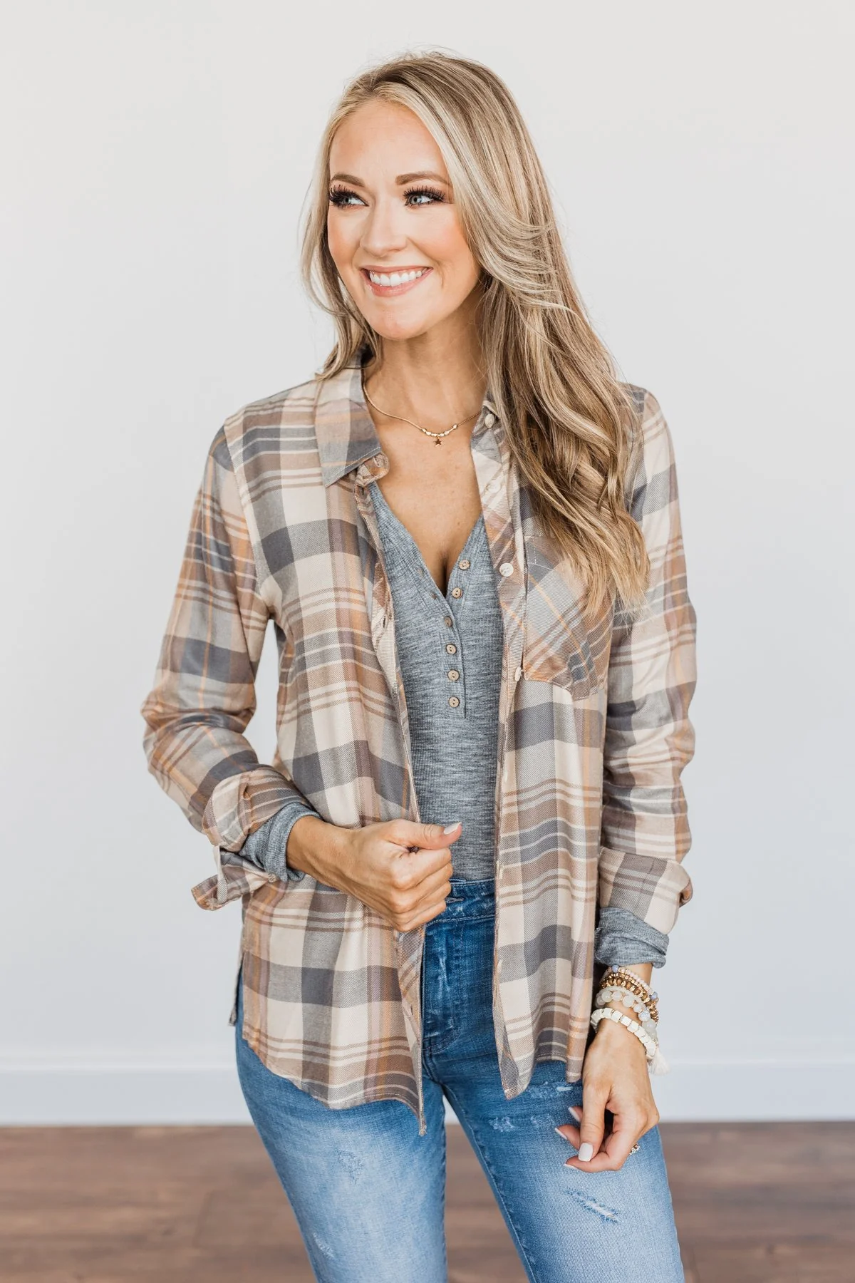 Bushels Of Fun Button Down Plaid Top- Oatmeal, Grey, & Camel - Image 14