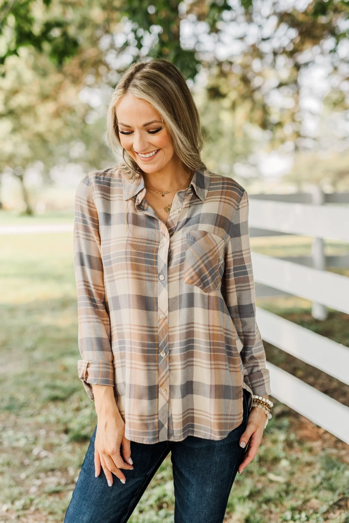 Bushels Of Fun Button Down Plaid Top- Oatmeal, Grey, & Camel - Image 4