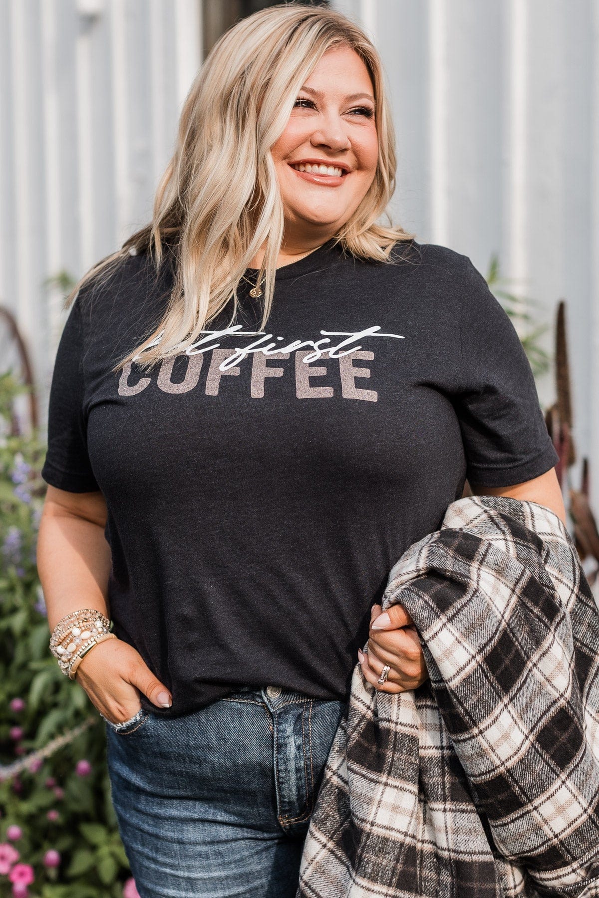 "But First Coffee" Graphic Tee- Black - Image 2