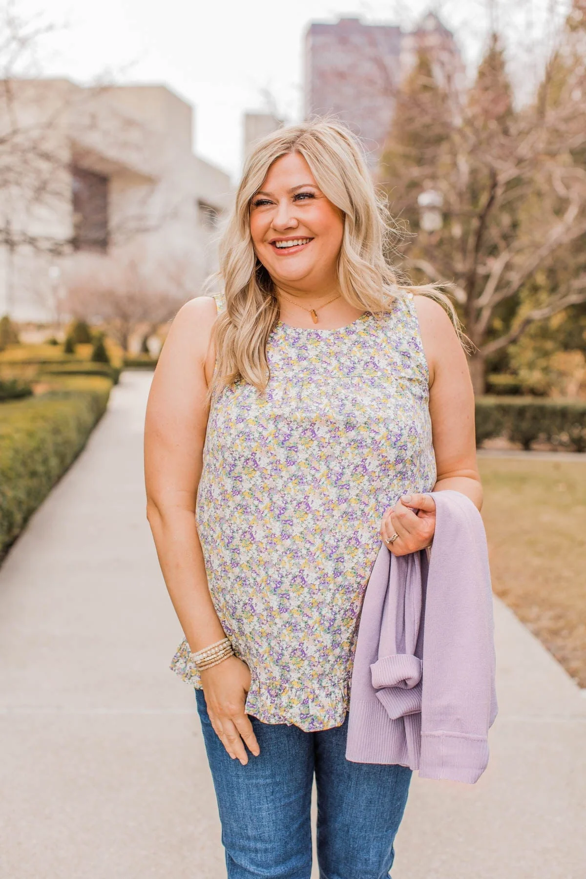 Butterfly Kisses Floral Sleeveless Blouse- Lavender & Yellow - Image 4