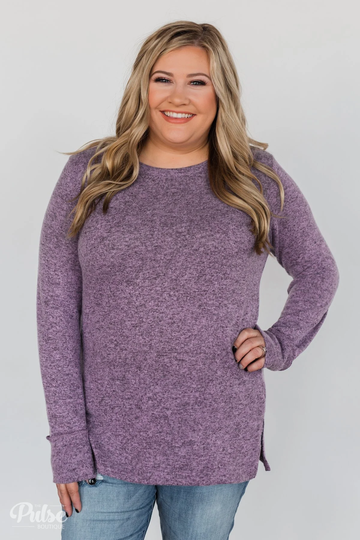Button Down Back Elbow Patch Top- Heather Purple