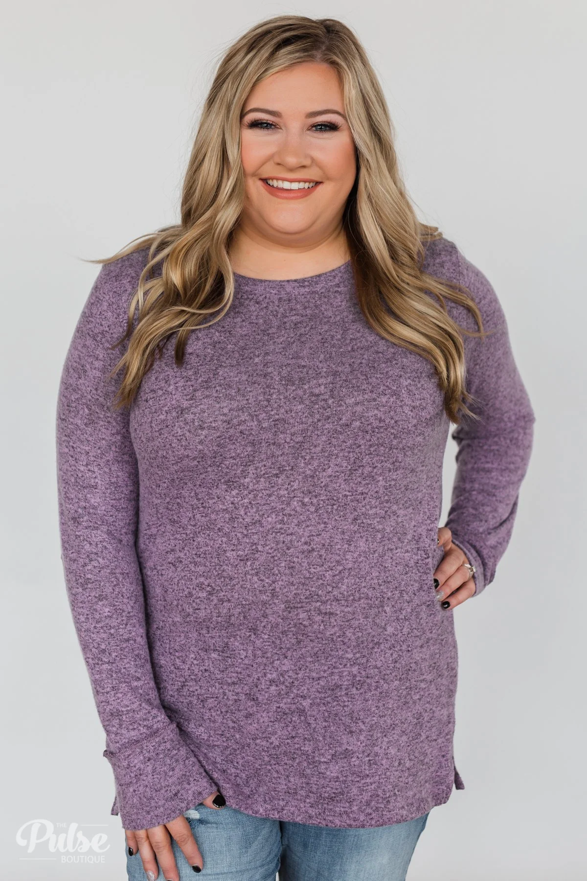 Button Down Back Elbow Patch Top- Heather Purple - Image 6
