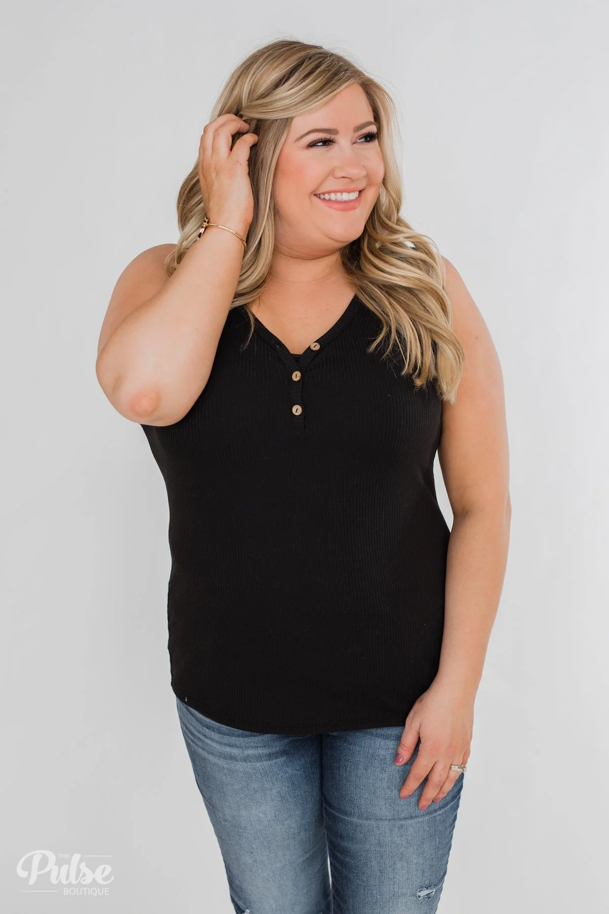 Button Henley Tank Top- Black - Image 8