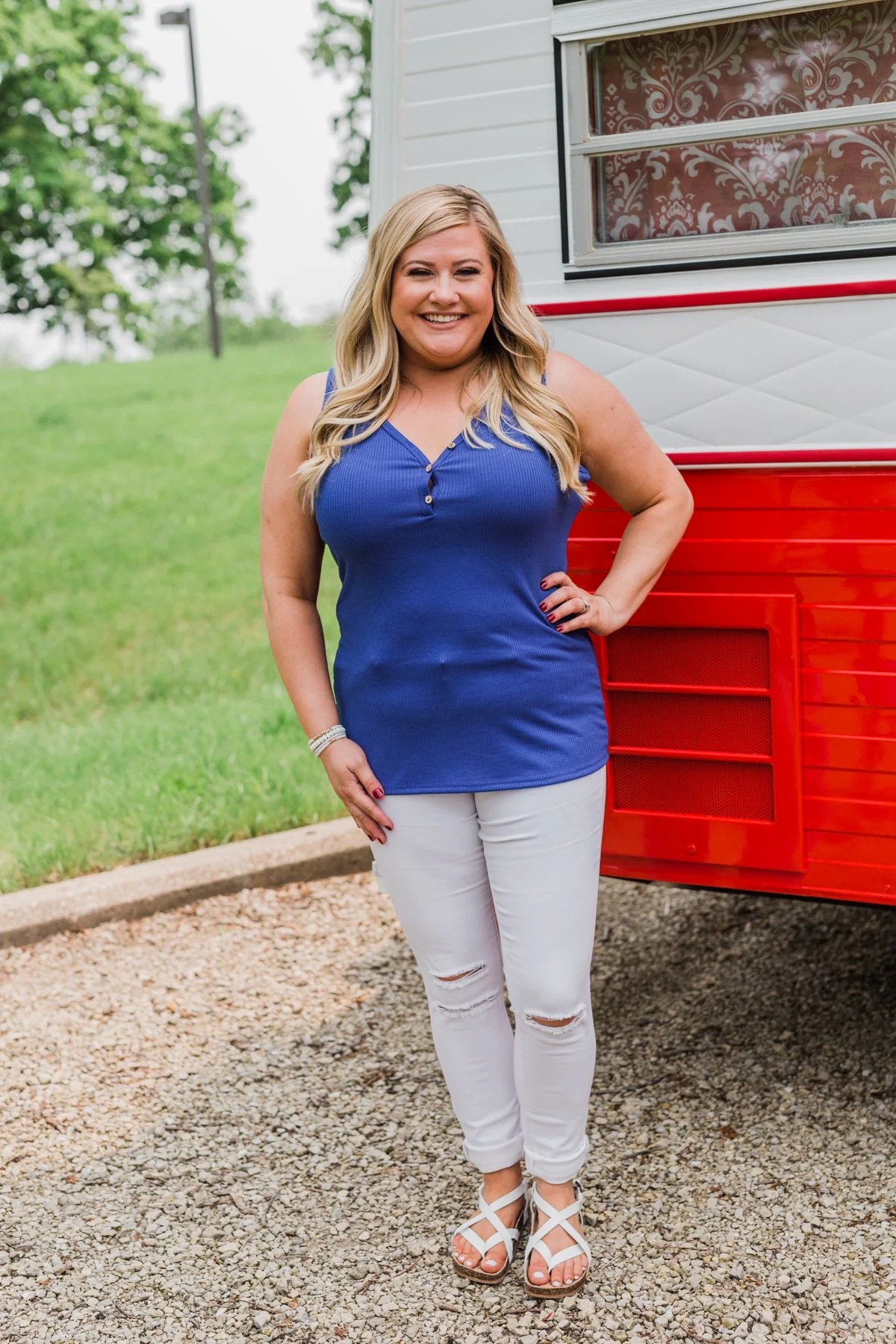 Button Henley Tank Top- Royal Blue - Image 12