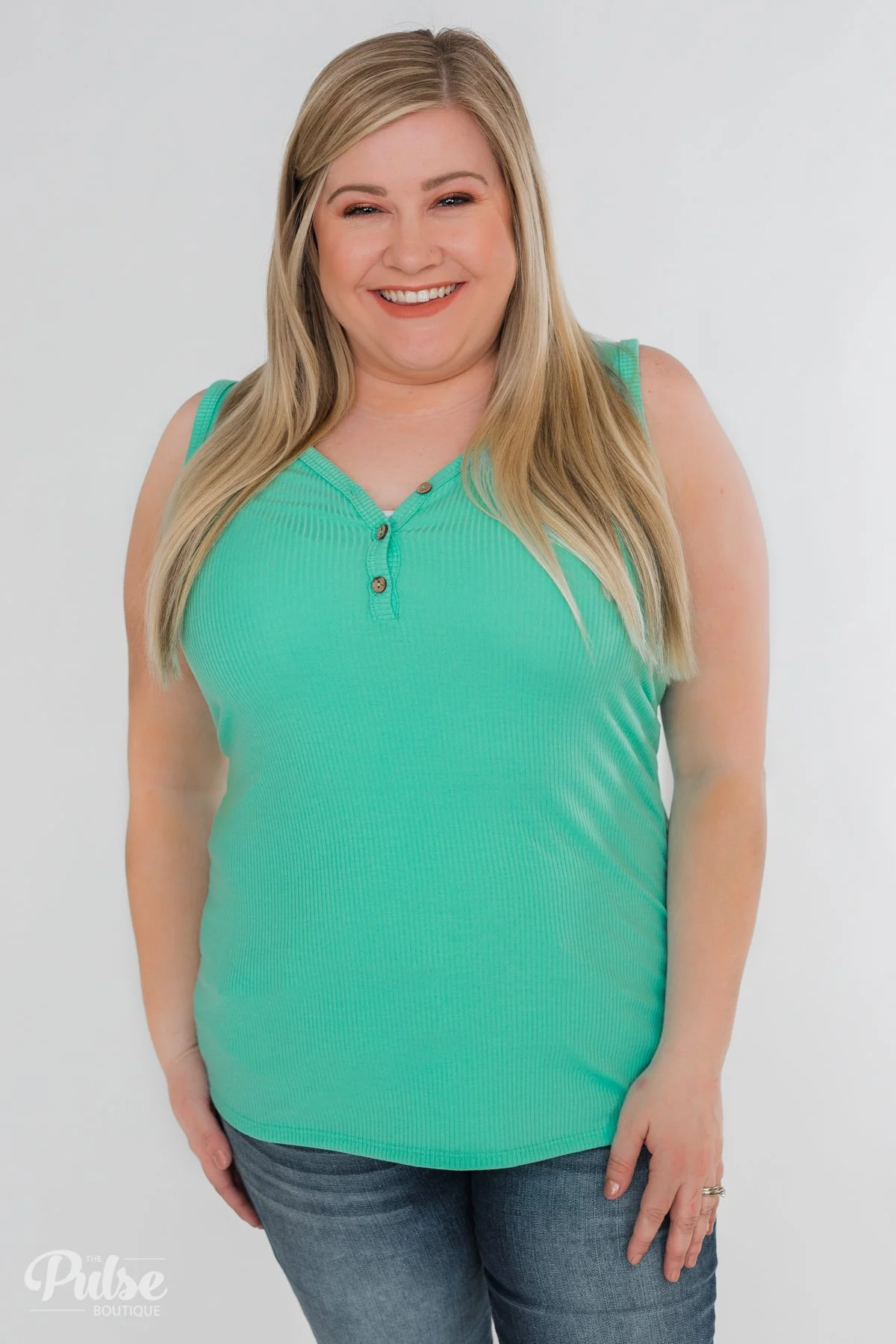 Button Henley Tank Top- Seafoam Mint - Image 2