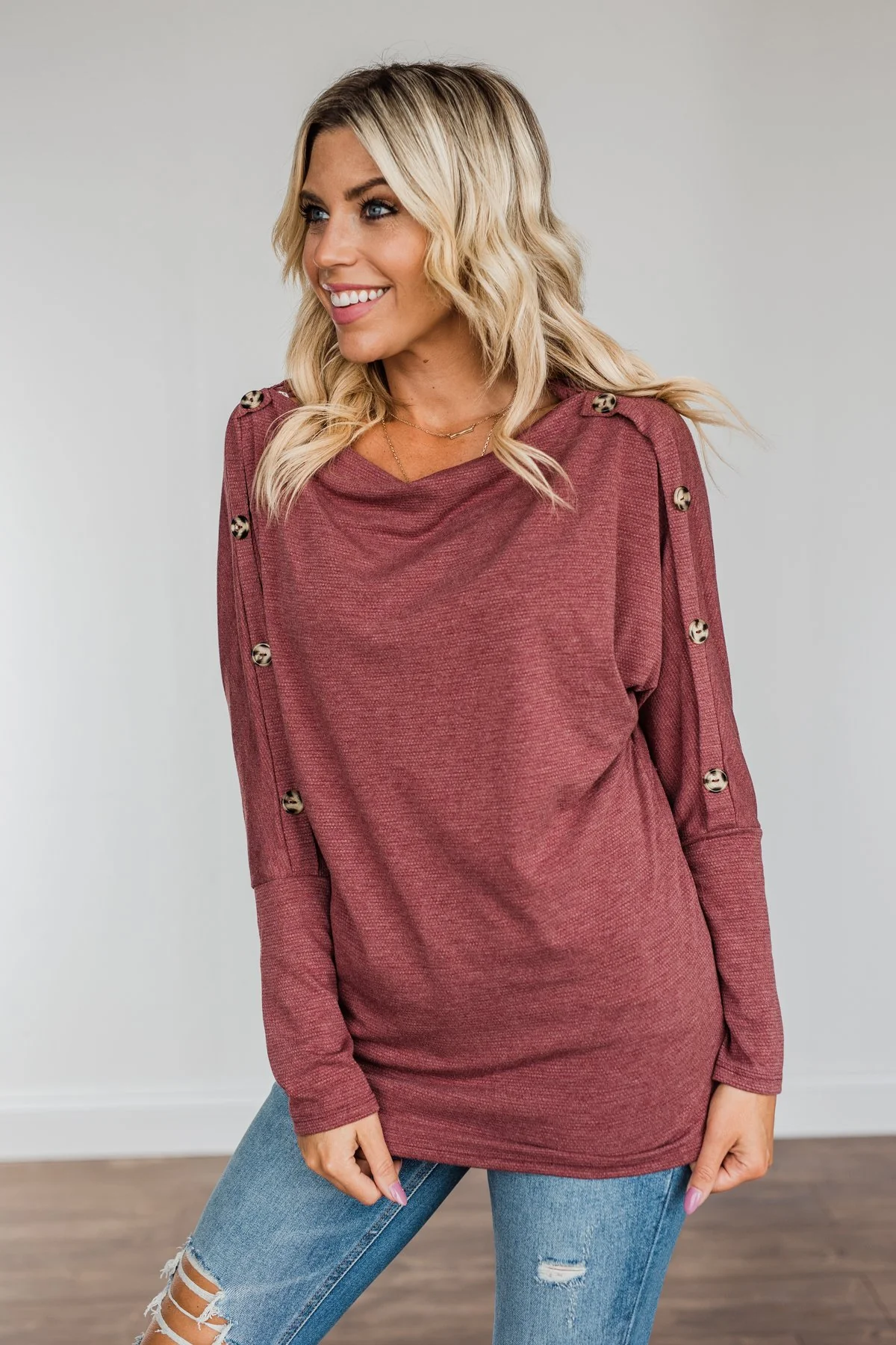 Buttoned Beauty Boat Neck Top- Wine - Image 4