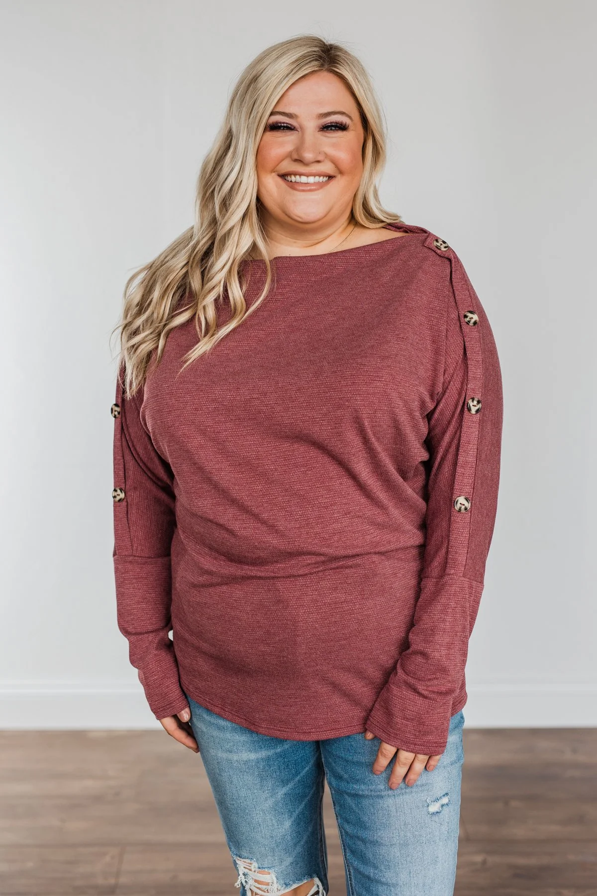 Buttoned Beauty Boat Neck Top- Wine - Image 5