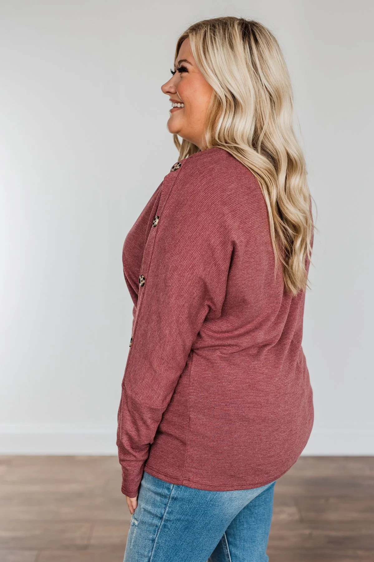 Buttoned Beauty Boat Neck Top- Wine - Image 7