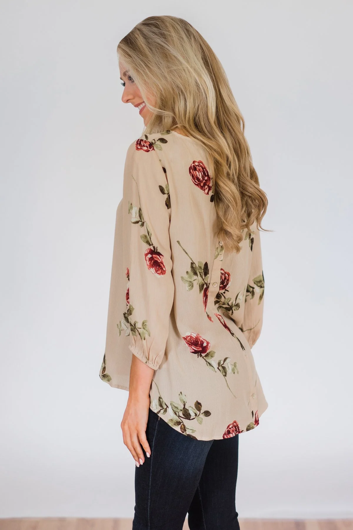 Button Up Back Floral Blouse- Taupe - Image 7
