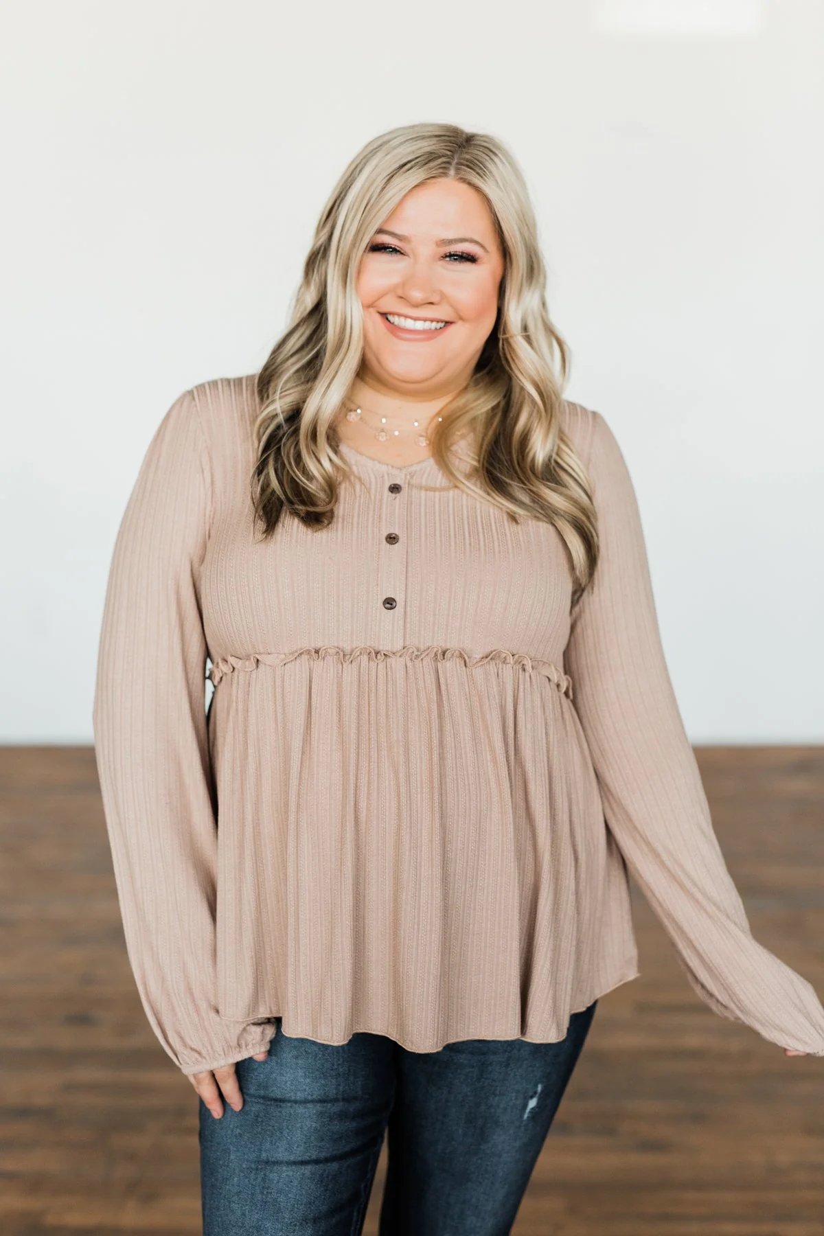 Buttoned Up Beauty Knit Babydoll Top- Natural - Image 3