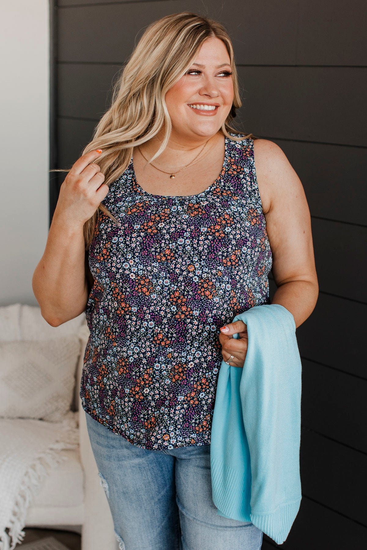 Buy Yourself Flowers Tank Top- Navy - Image 3
