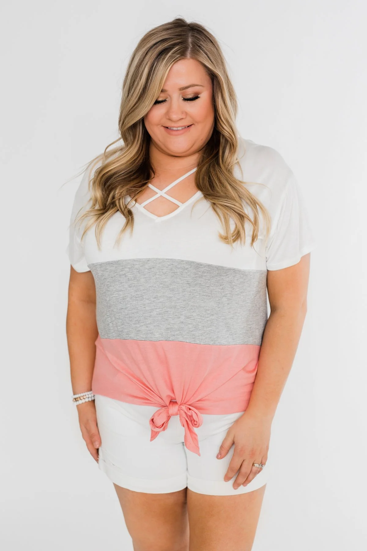 By My Side Criss Cross Color Block Top- Ivory, Grey, Pink - Image 11