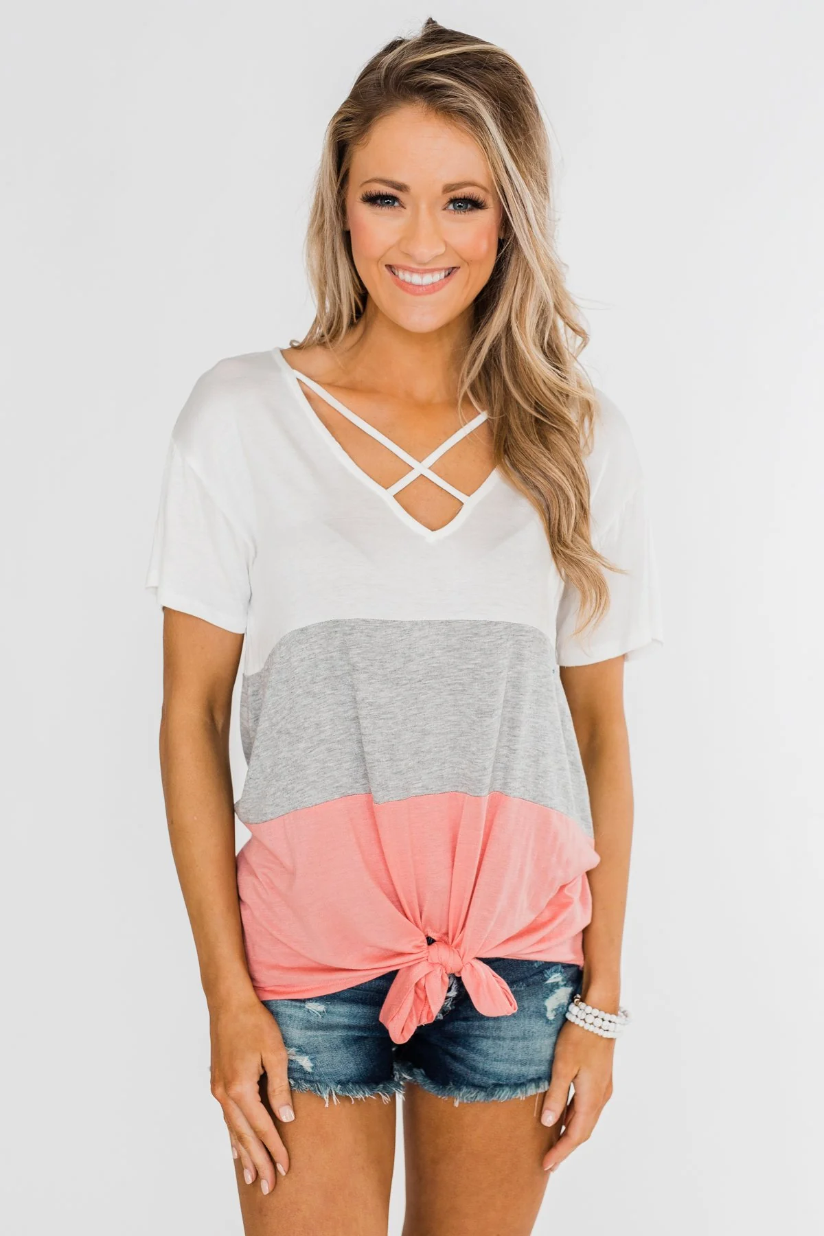 By My Side Criss Cross Color Block Top- Ivory, Grey, Pink - Image 7