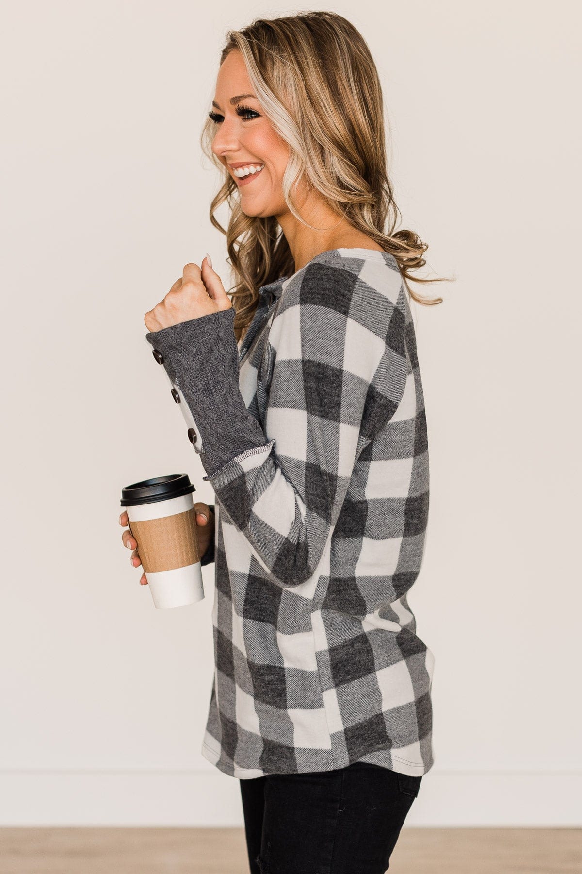By The Fireside Plaid Knit Top- Off-White & Charcoal - Image 6