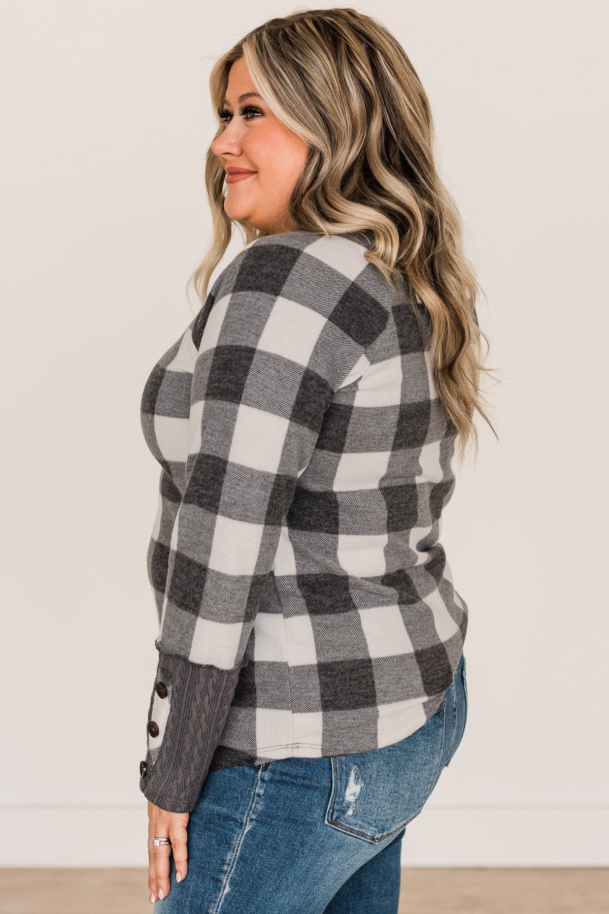 By The Fireside Plaid Knit Top- Off-White & Charcoal - Image 7