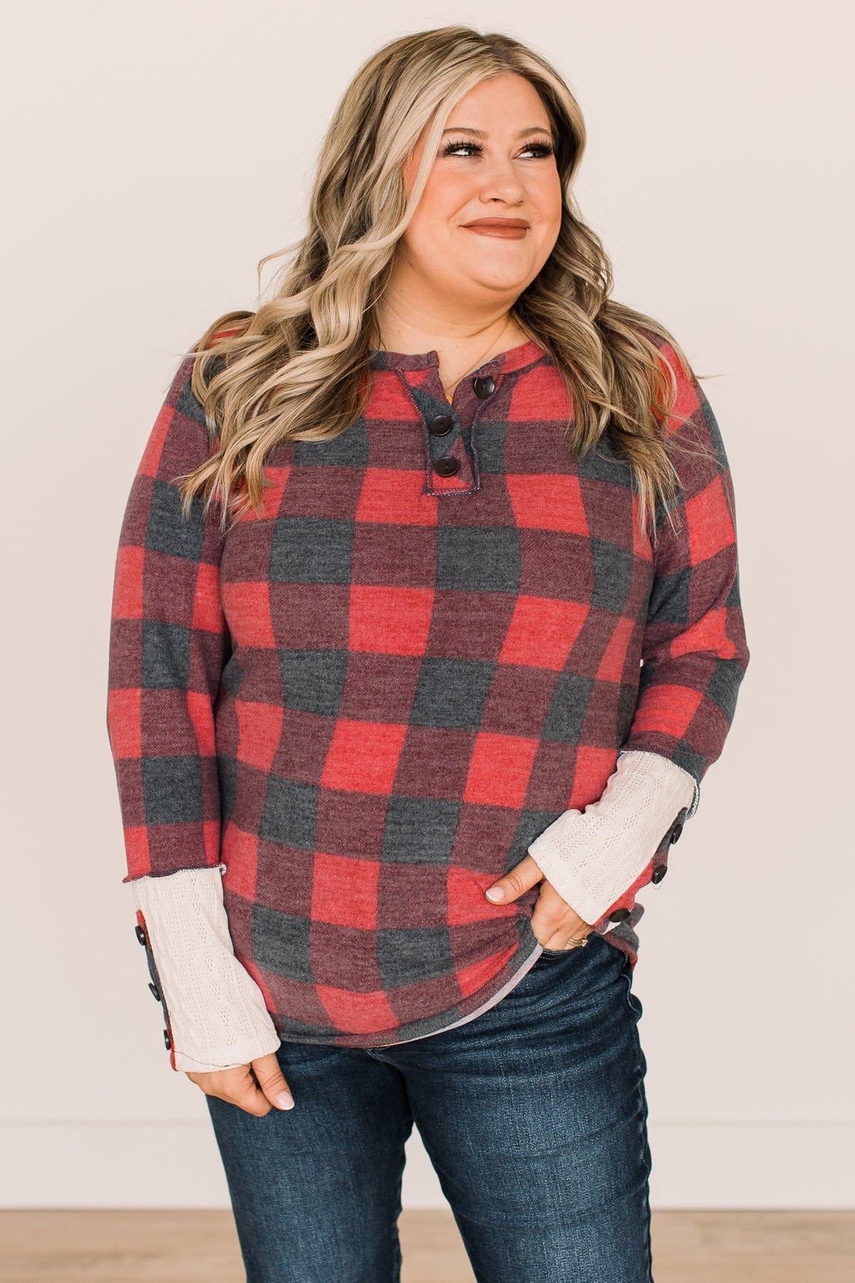 By The Fireside Plaid Knit Top- Red - Image 4