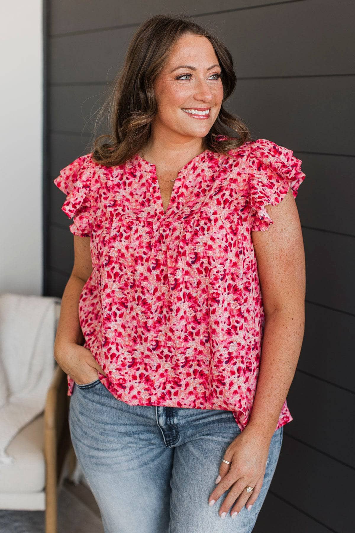 By The Garden Flutter Sleeve Blouse- Fuchsia - Image 3
