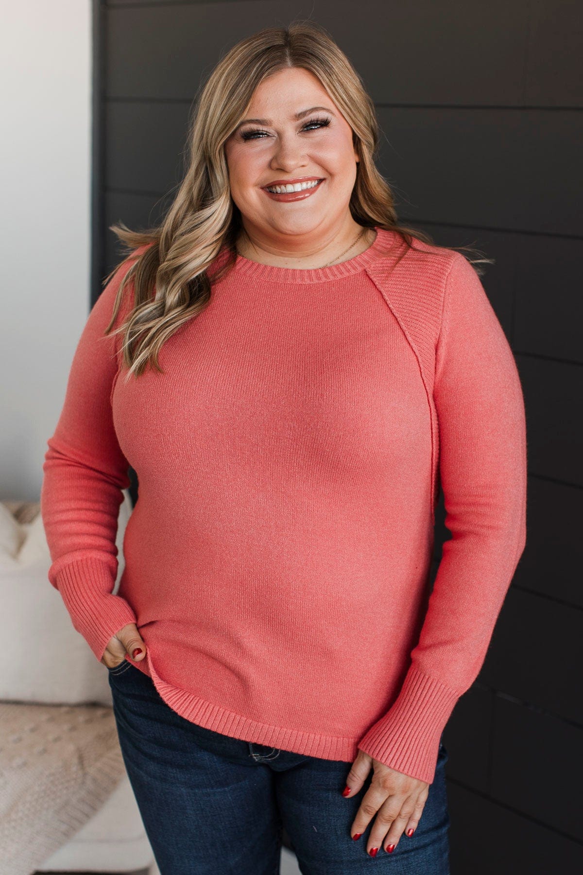 Cabin Cozy Knit Sweater- Coral - Image 2