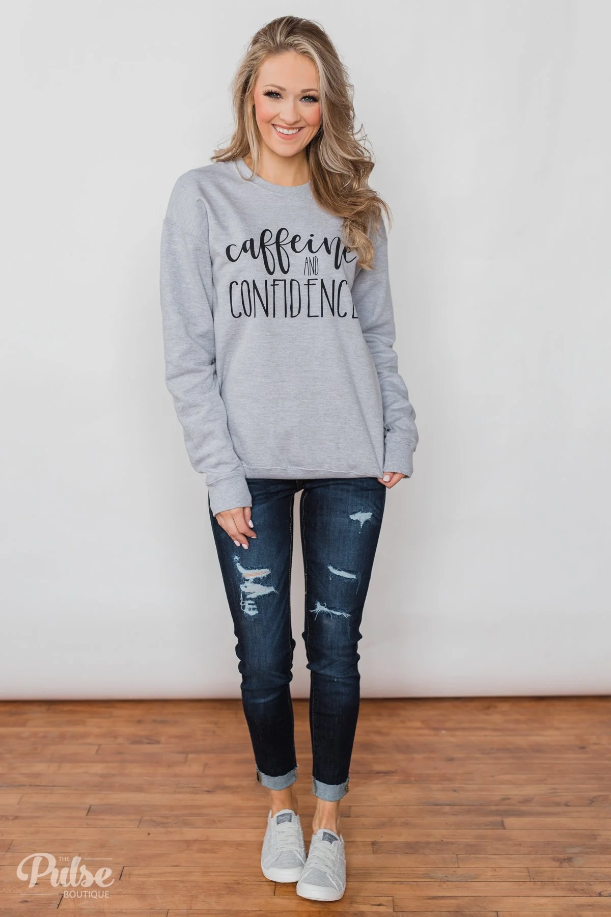 "Caffeine & Confidence" Crew Neck - Heather Grey - Image 5