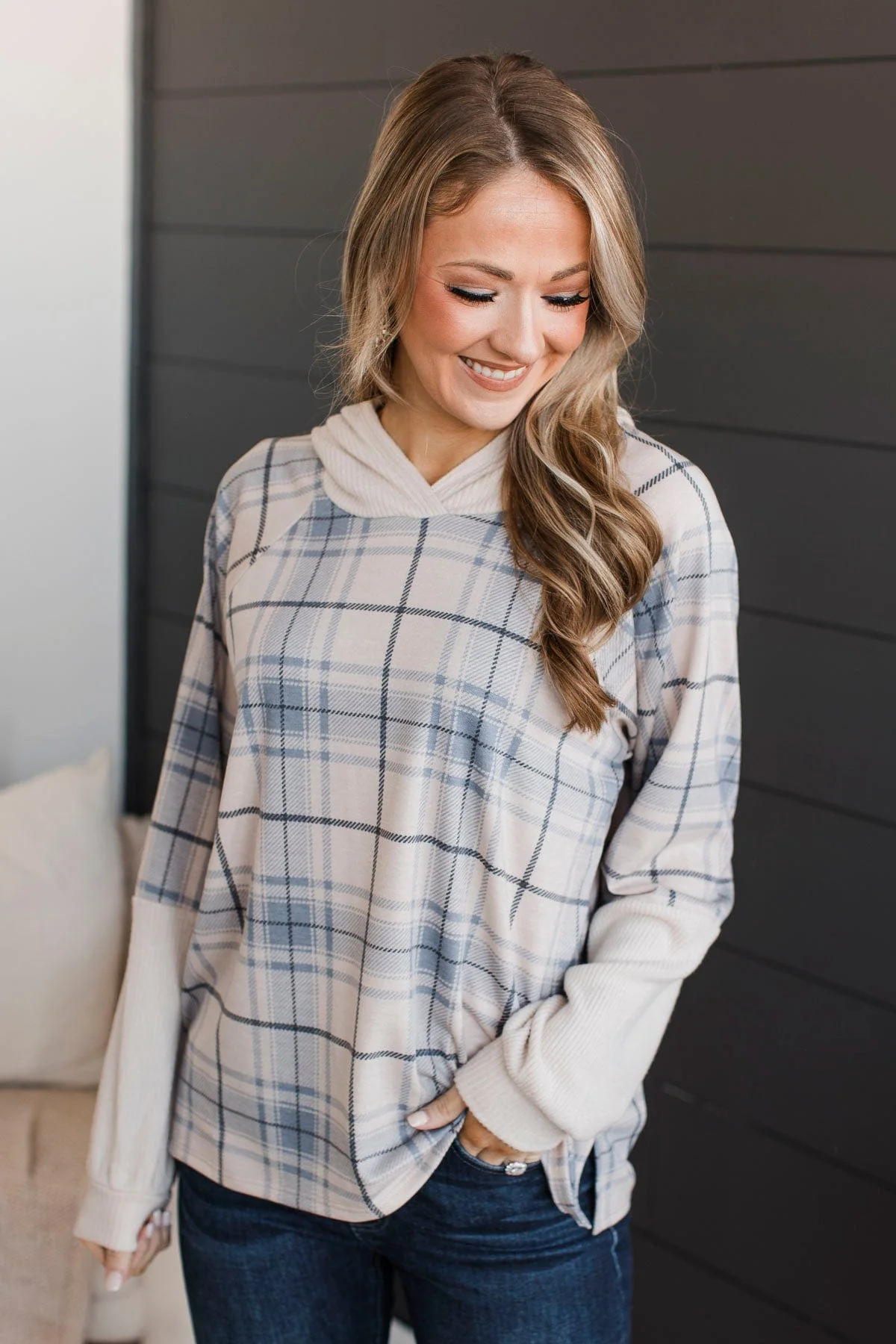 Call It Even Hooded Plaid Top- Cream & Slate Blue