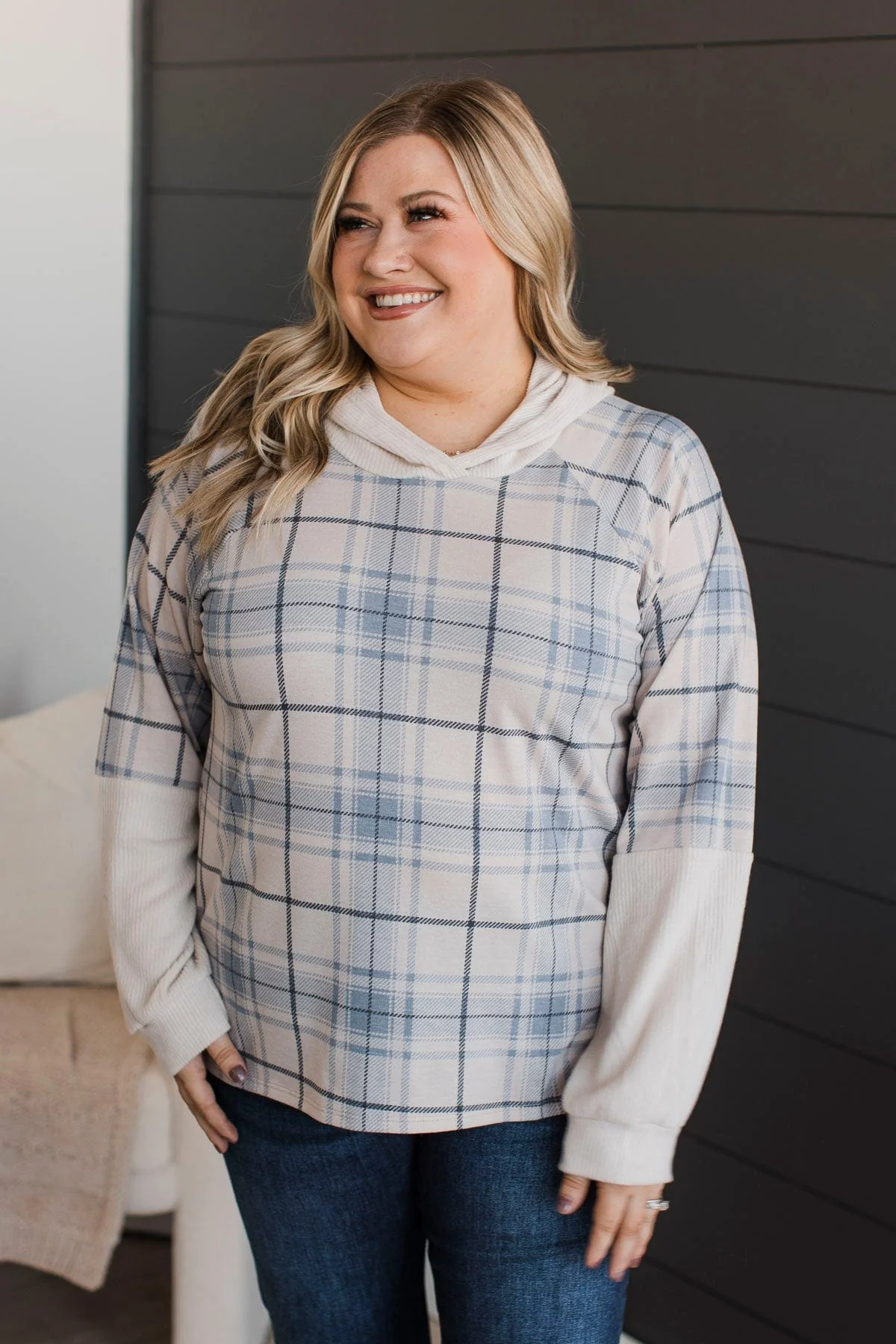 Call It Even Hooded Plaid Top- Cream & Slate Blue - Image 2