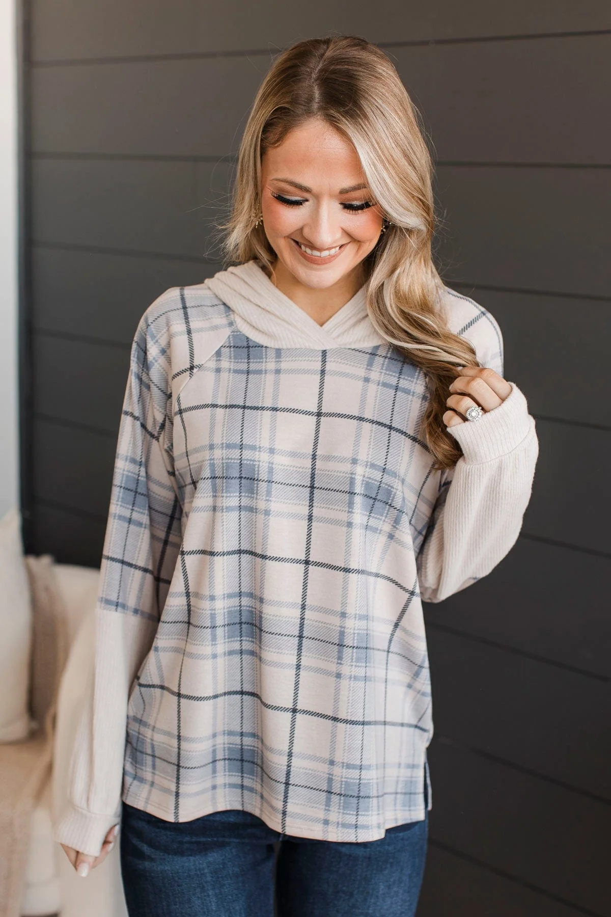 Call It Even Hooded Plaid Top- Cream & Slate Blue - Image 3