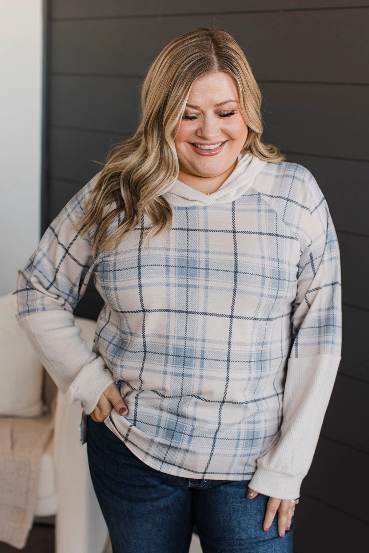 Call It Even Hooded Plaid Top- Cream & Slate Blue - Image 4