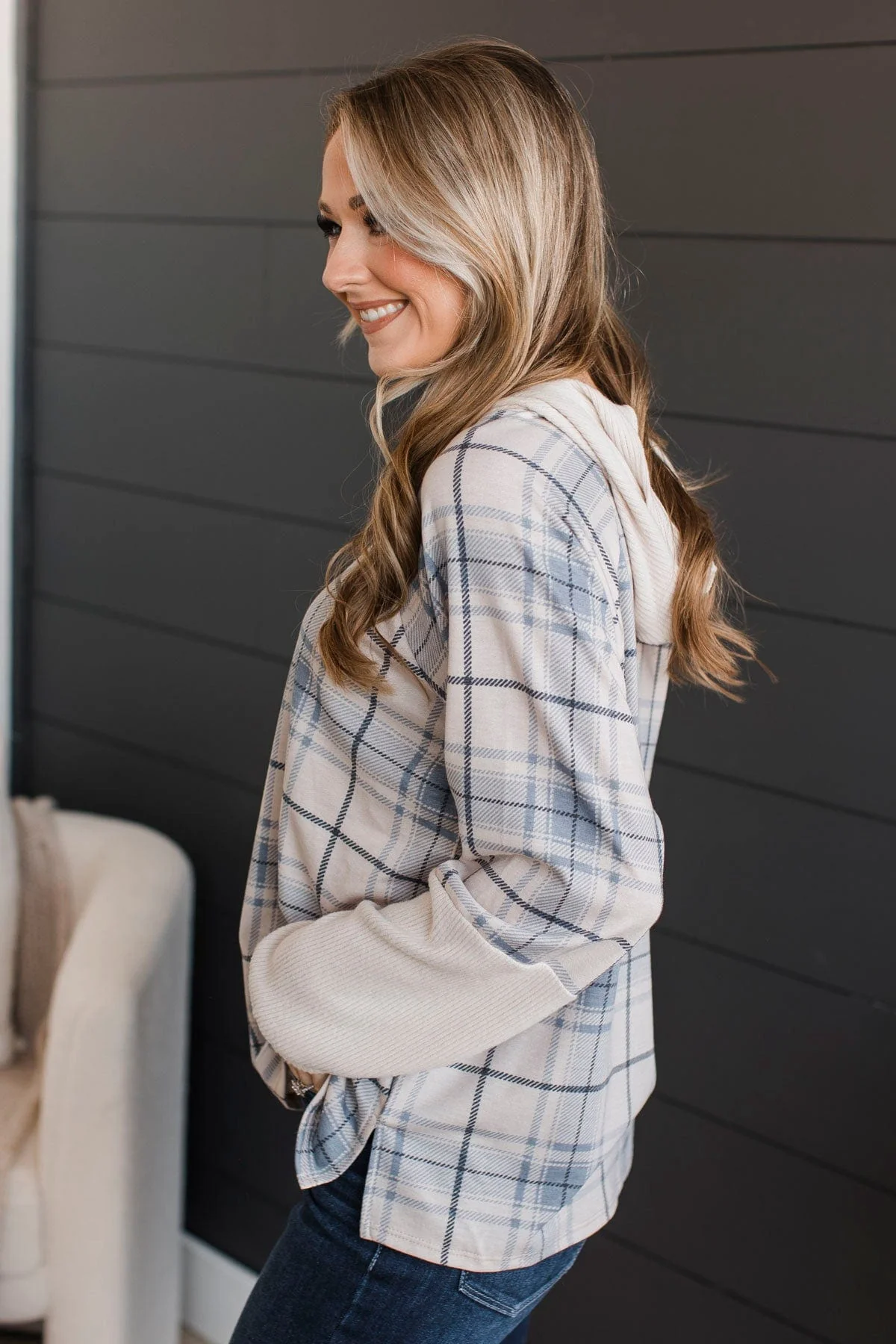 Call It Even Hooded Plaid Top- Cream & Slate Blue - Image 5