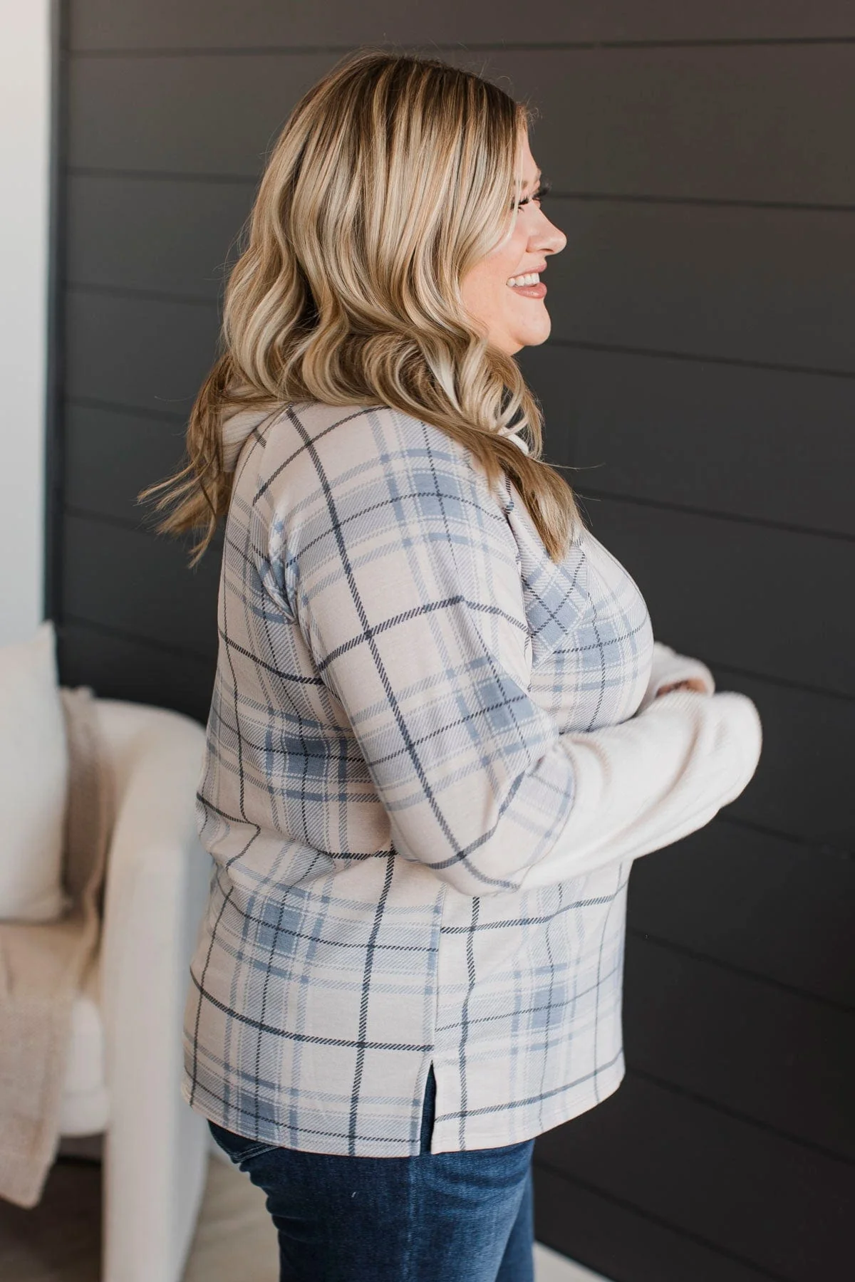 Call It Even Hooded Plaid Top- Cream & Slate Blue - Image 6