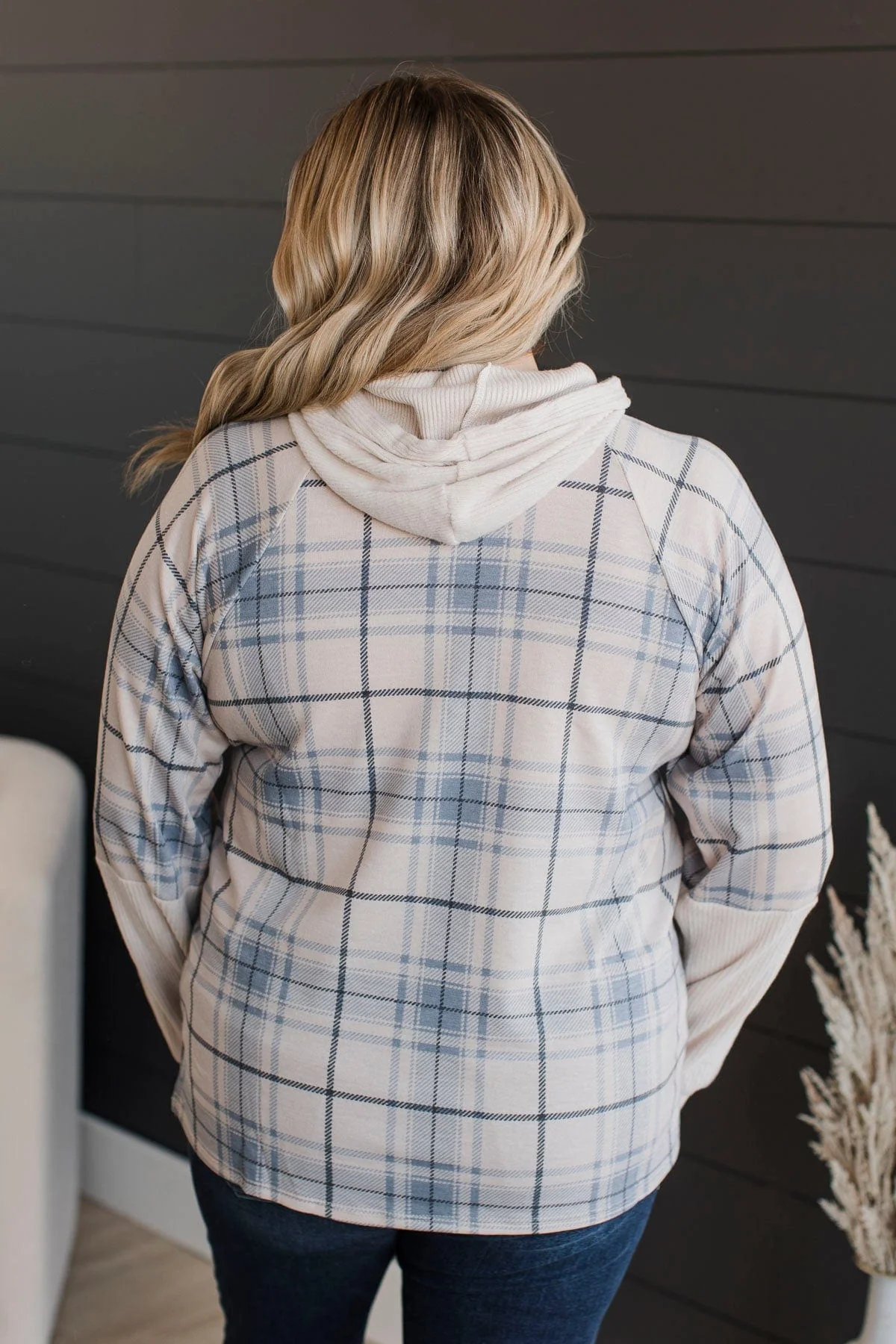 Call It Even Hooded Plaid Top- Cream & Slate Blue - Image 7