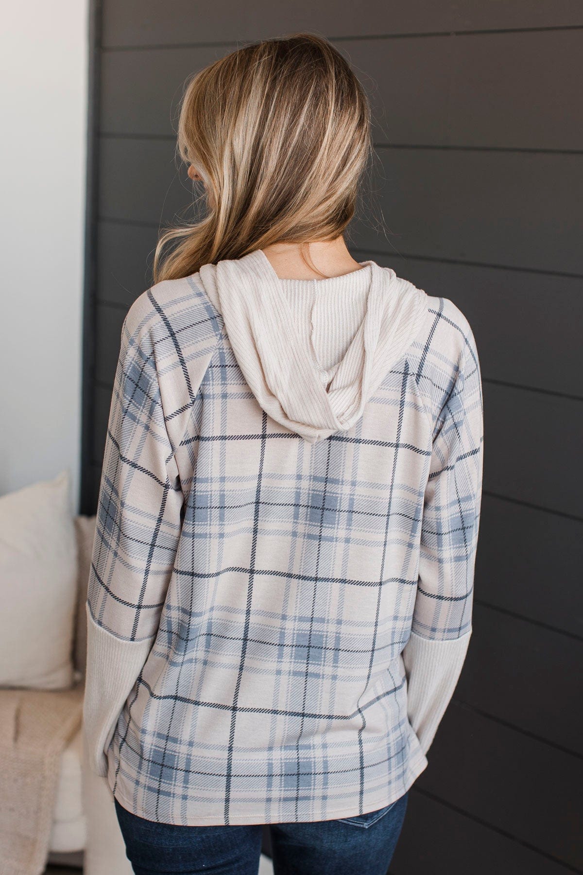 Call It Even Hooded Plaid Top- Cream & Slate Blue - Image 8