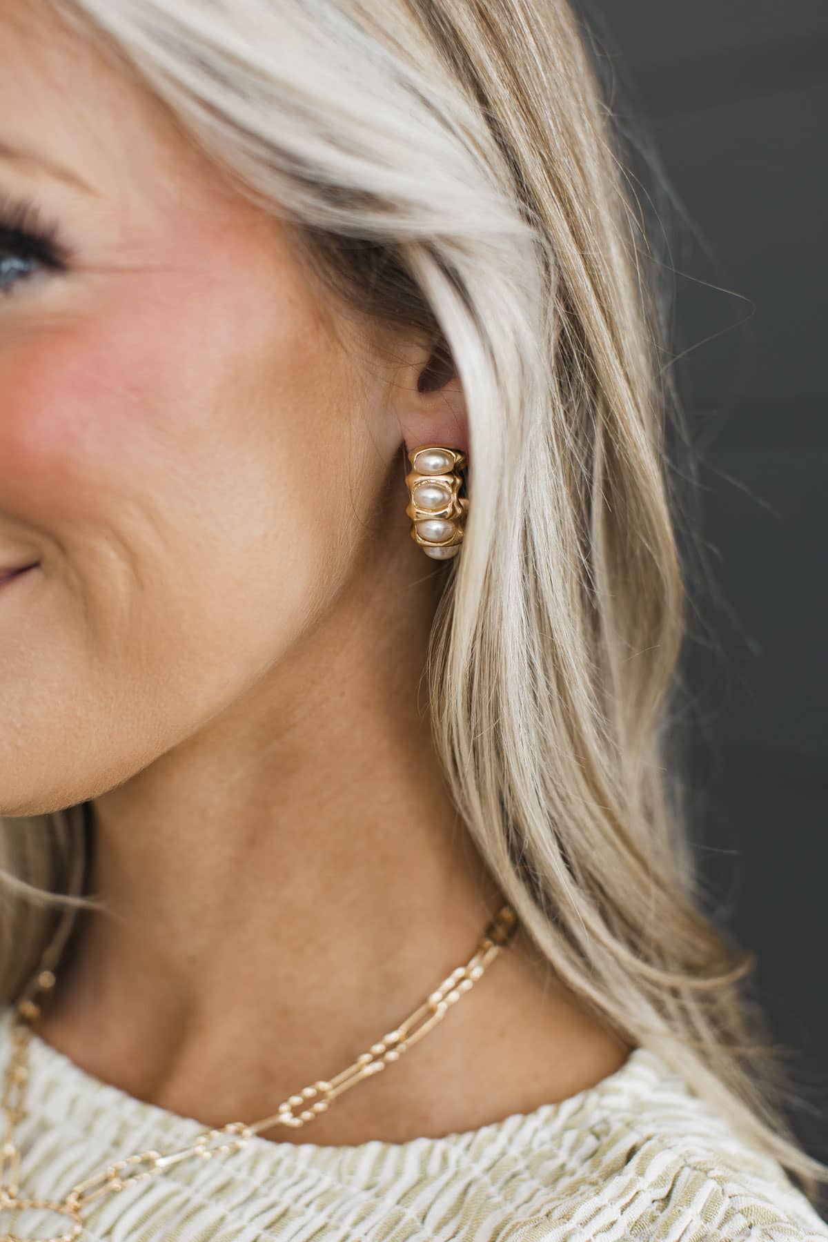 Call It Magic Chunky C-Hoop Earrings- Gold & Pearl - Image 2