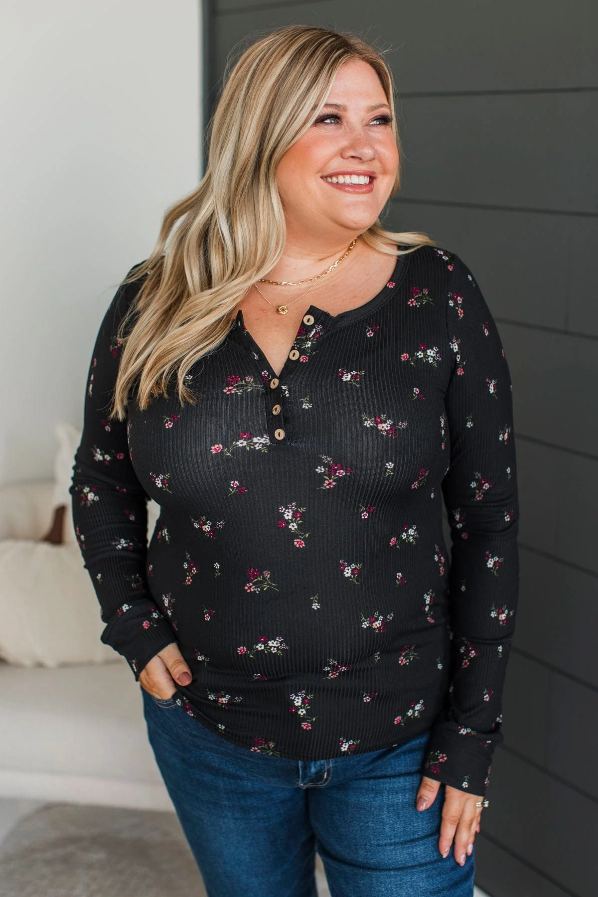 Call Me Lovely Floral Henley Top- Black & Magenta - Image 3