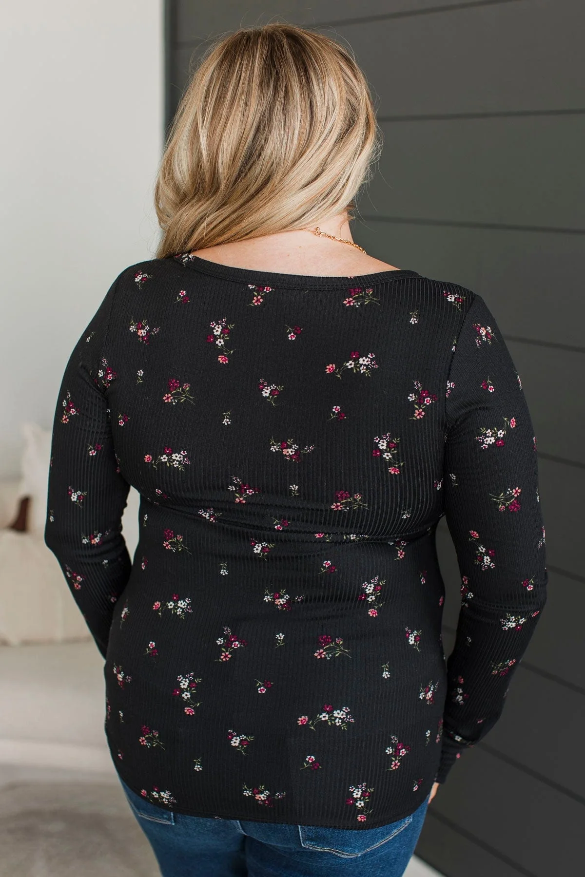 Call Me Lovely Floral Henley Top- Black & Magenta - Image 8