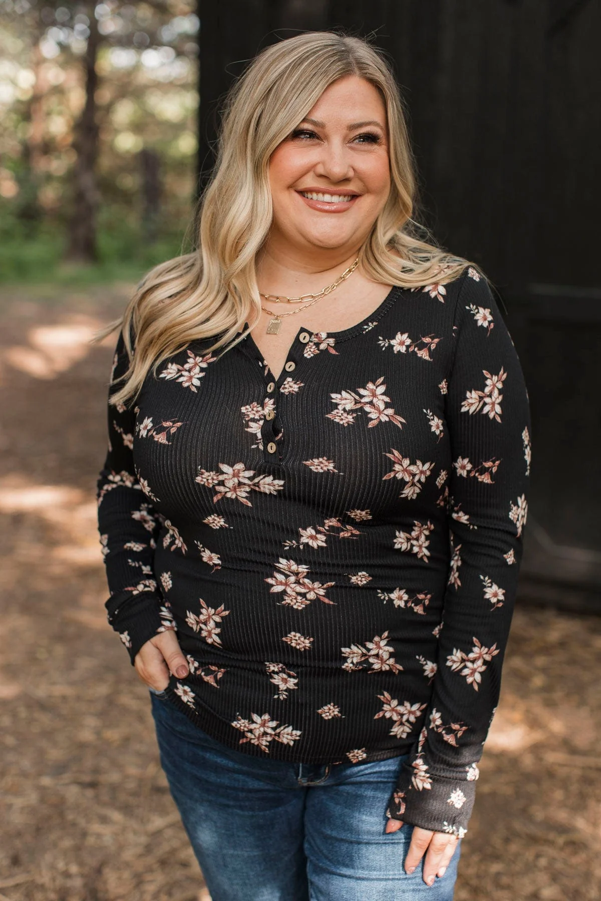 Call Me Lovely Floral Henley Top- Black & Tan