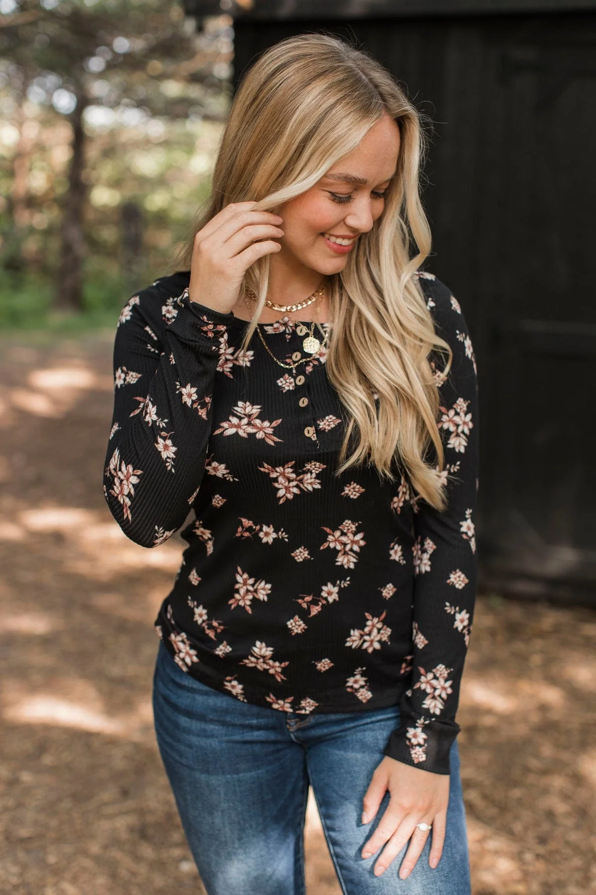 Call Me Lovely Floral Henley Top- Black & Tan - Image 2