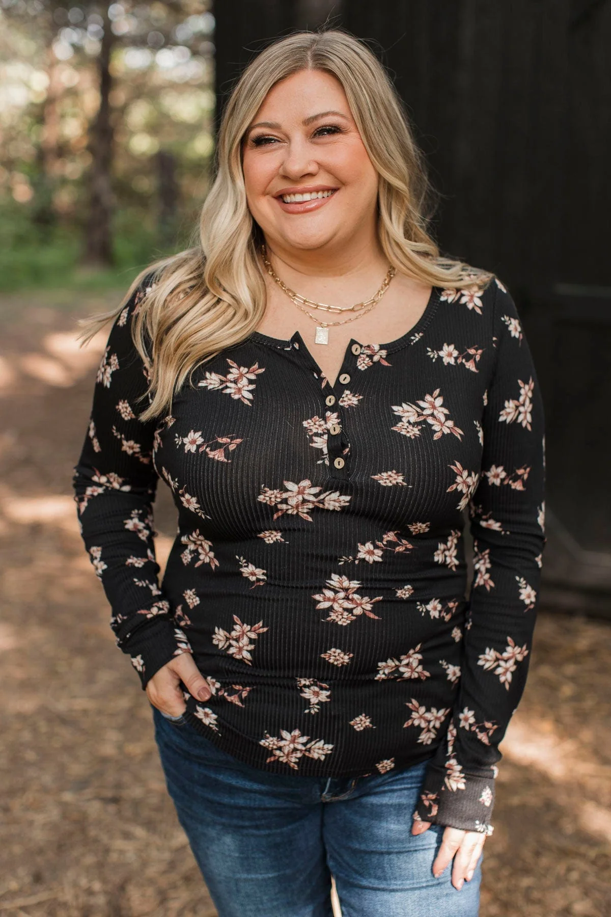 Call Me Lovely Floral Henley Top- Black & Tan - Image 4