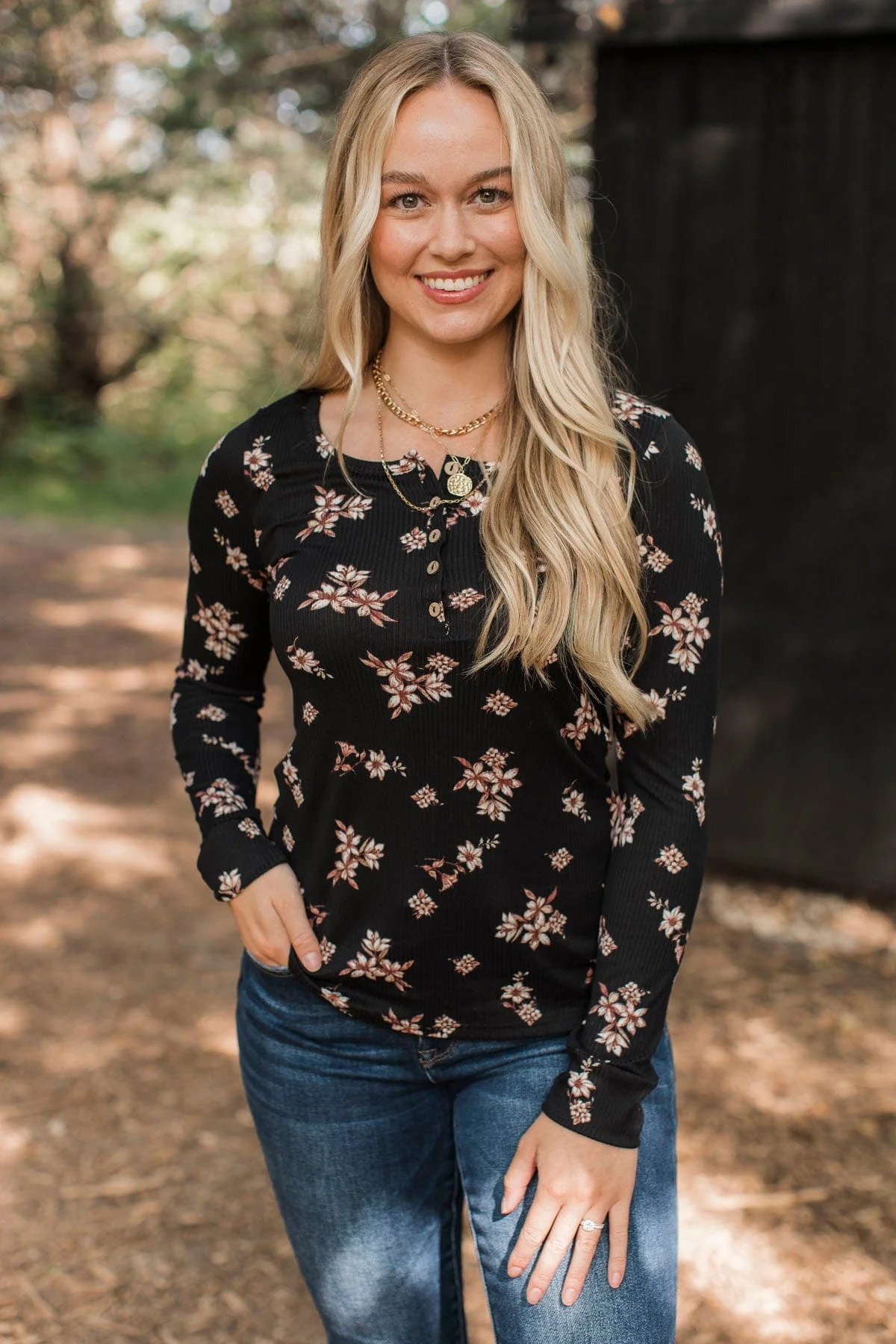 Call Me Lovely Floral Henley Top- Black & Tan - Image 5
