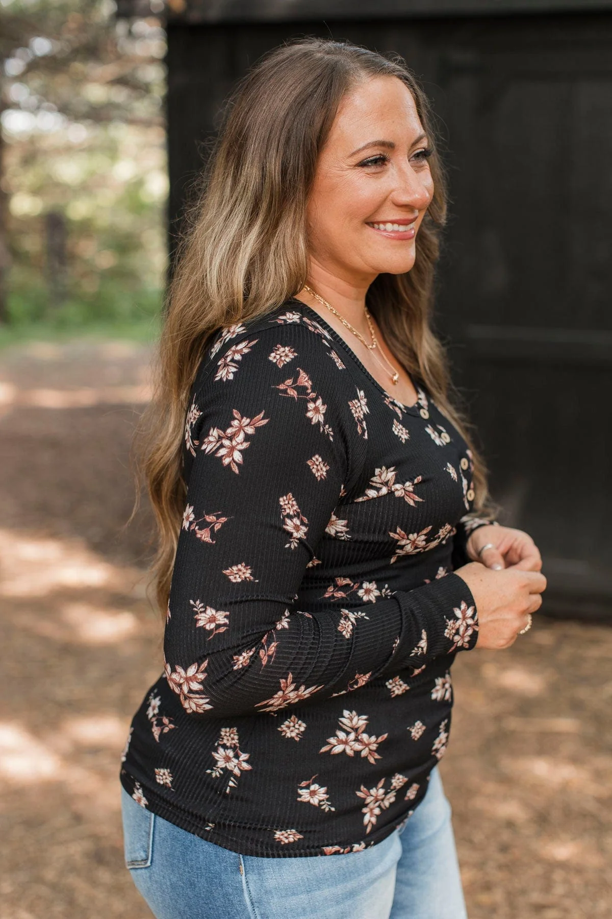 Call Me Lovely Floral Henley Top- Black & Tan - Image 6