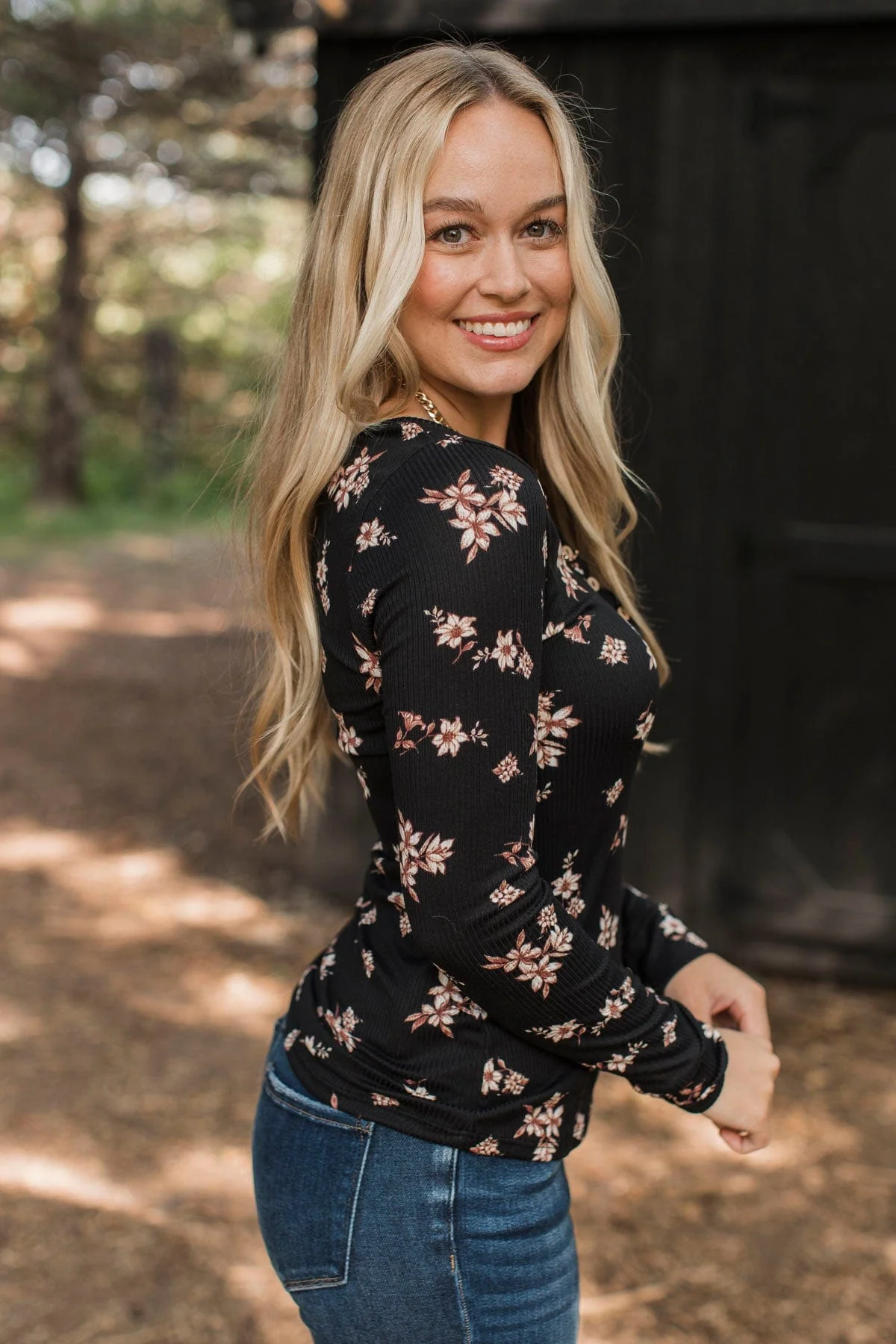 Call Me Lovely Floral Henley Top- Black & Tan - Image 7