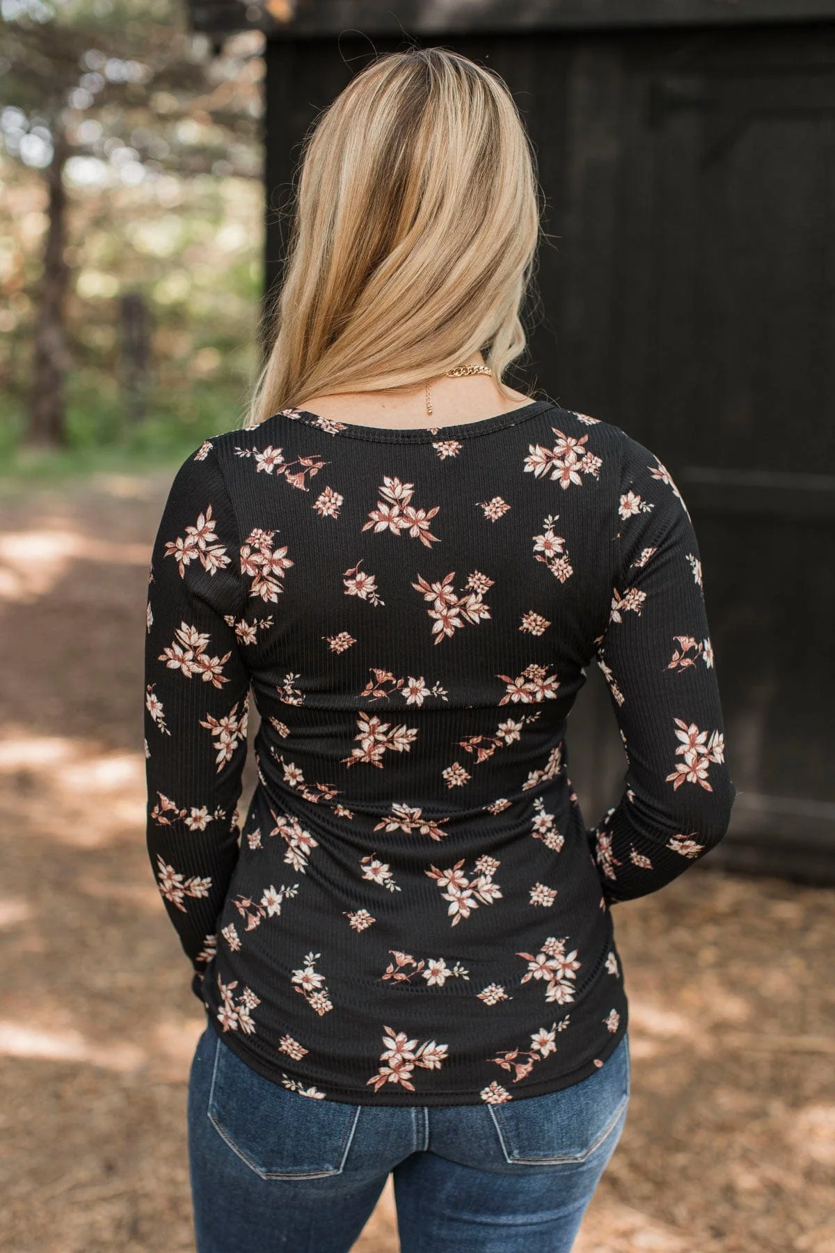 Call Me Lovely Floral Henley Top- Black & Tan - Image 9