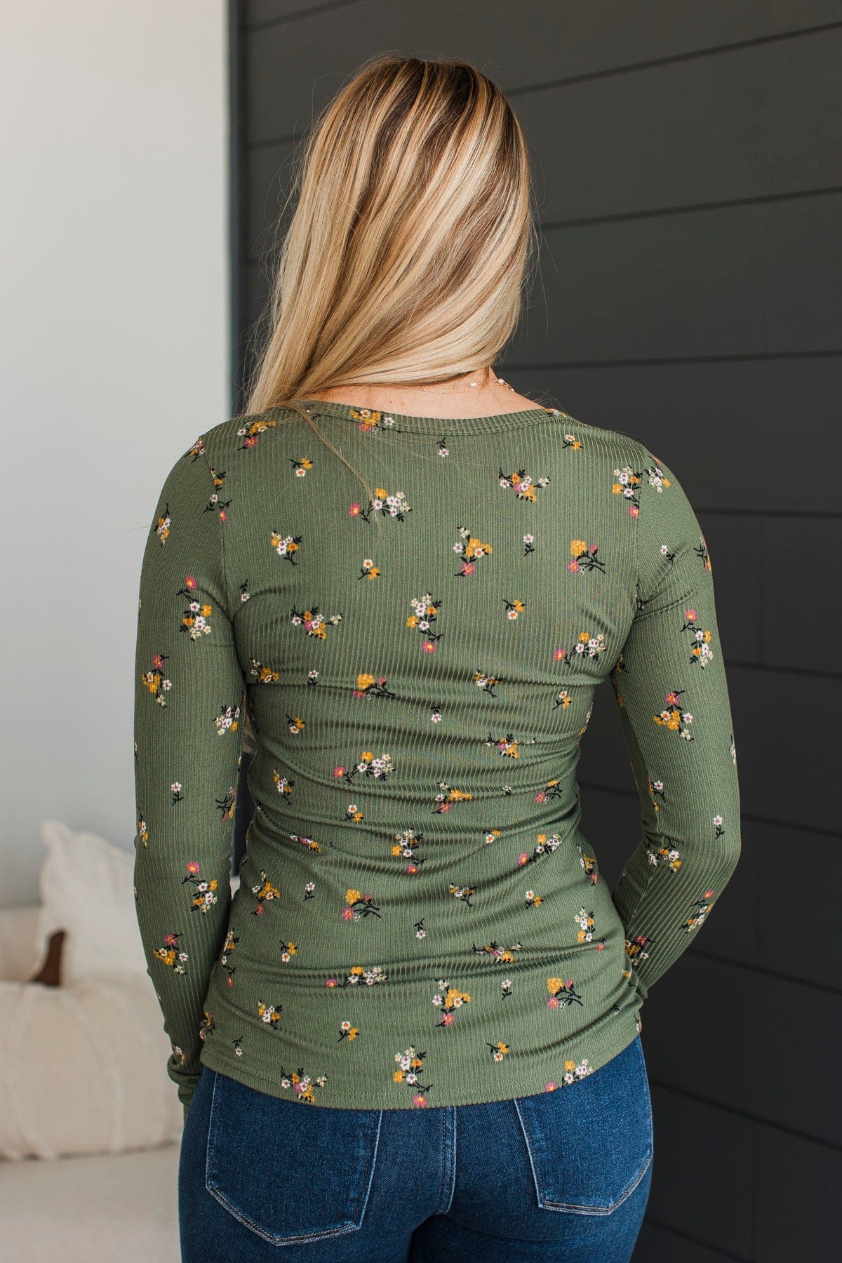 Call Me Lovely Floral Henley Top- Dark Sage - Image 7