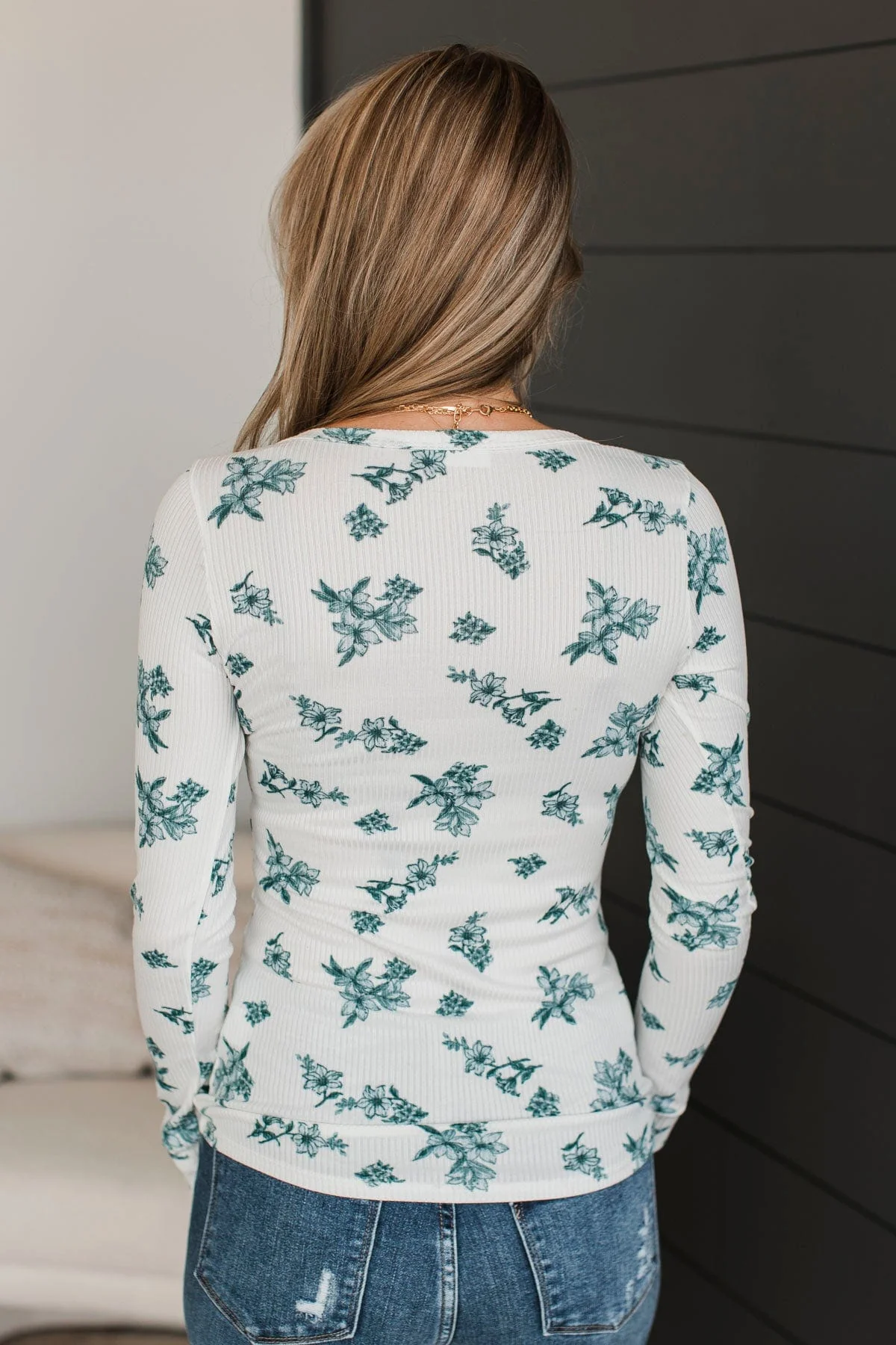 Call Me Lovely Floral Henley Top- Ivory & Hunter Green - Image 9