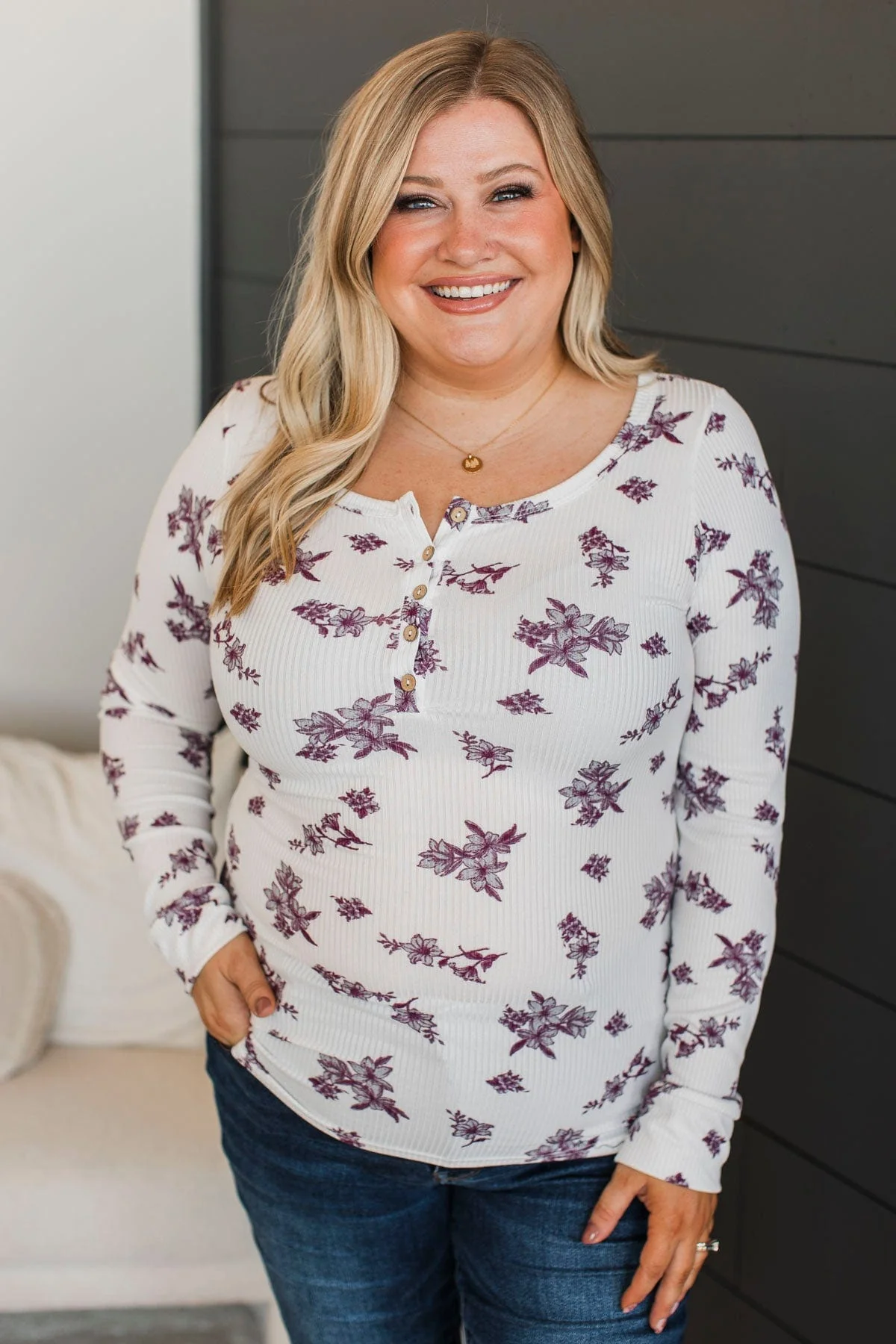 Call Me Lovely Floral Henley Top- Ivory & Plum - Image 4