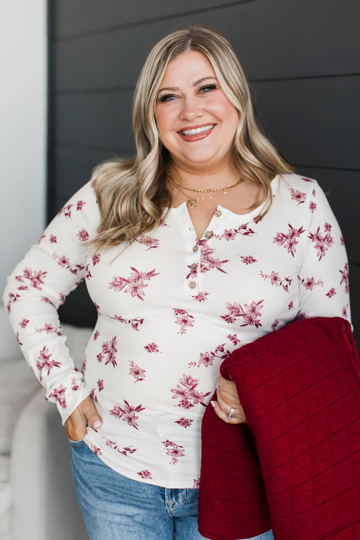 Call Me Lovely Floral Henley Top- White & Burgundy