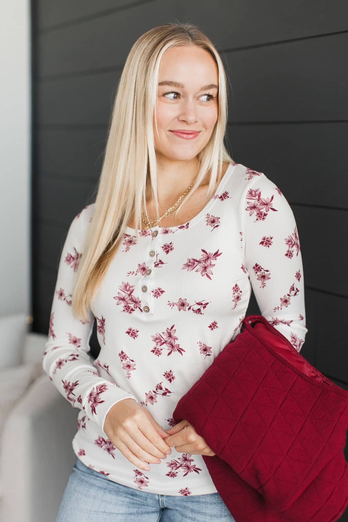 Call Me Lovely Floral Henley Top- White & Burgundy - Image 2